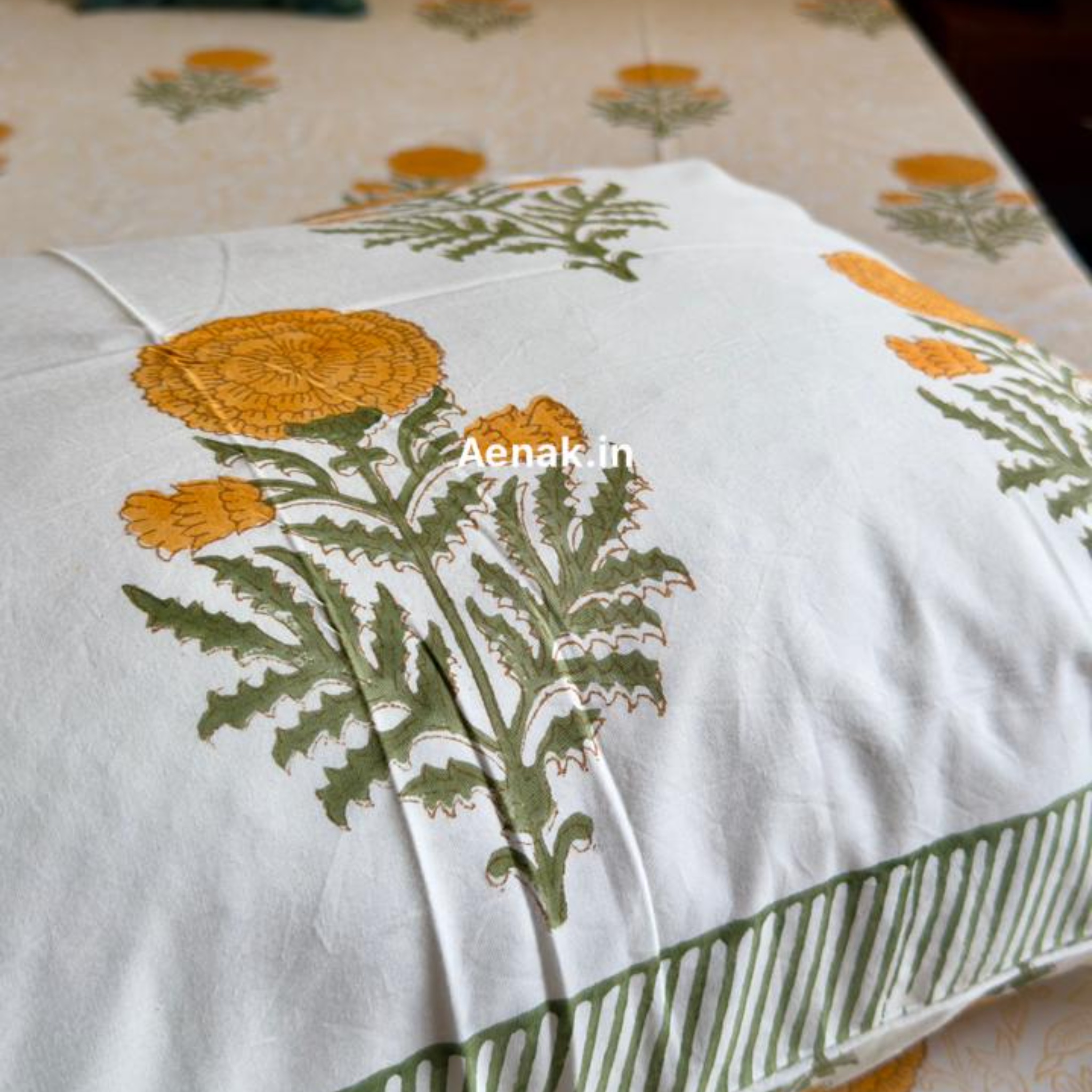 Turmeric Yellow Paani Jaal Handblock Premium Cotton Bedsheet Set by Aenak Studios | Tooffi