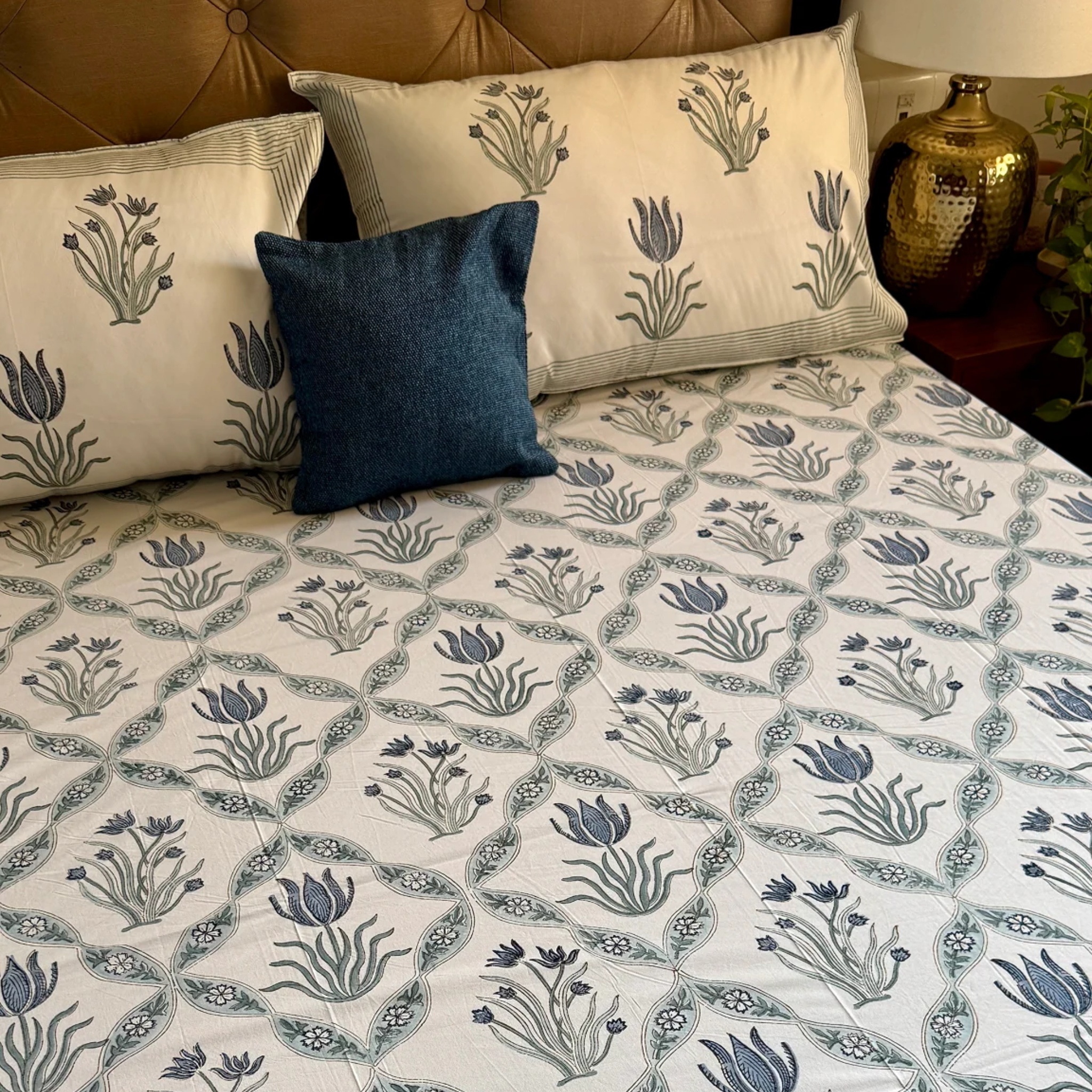 Blue Lotus Jaal Handblock Premium Cotton Bedsheet Set by Aenak Studios | Tooffi