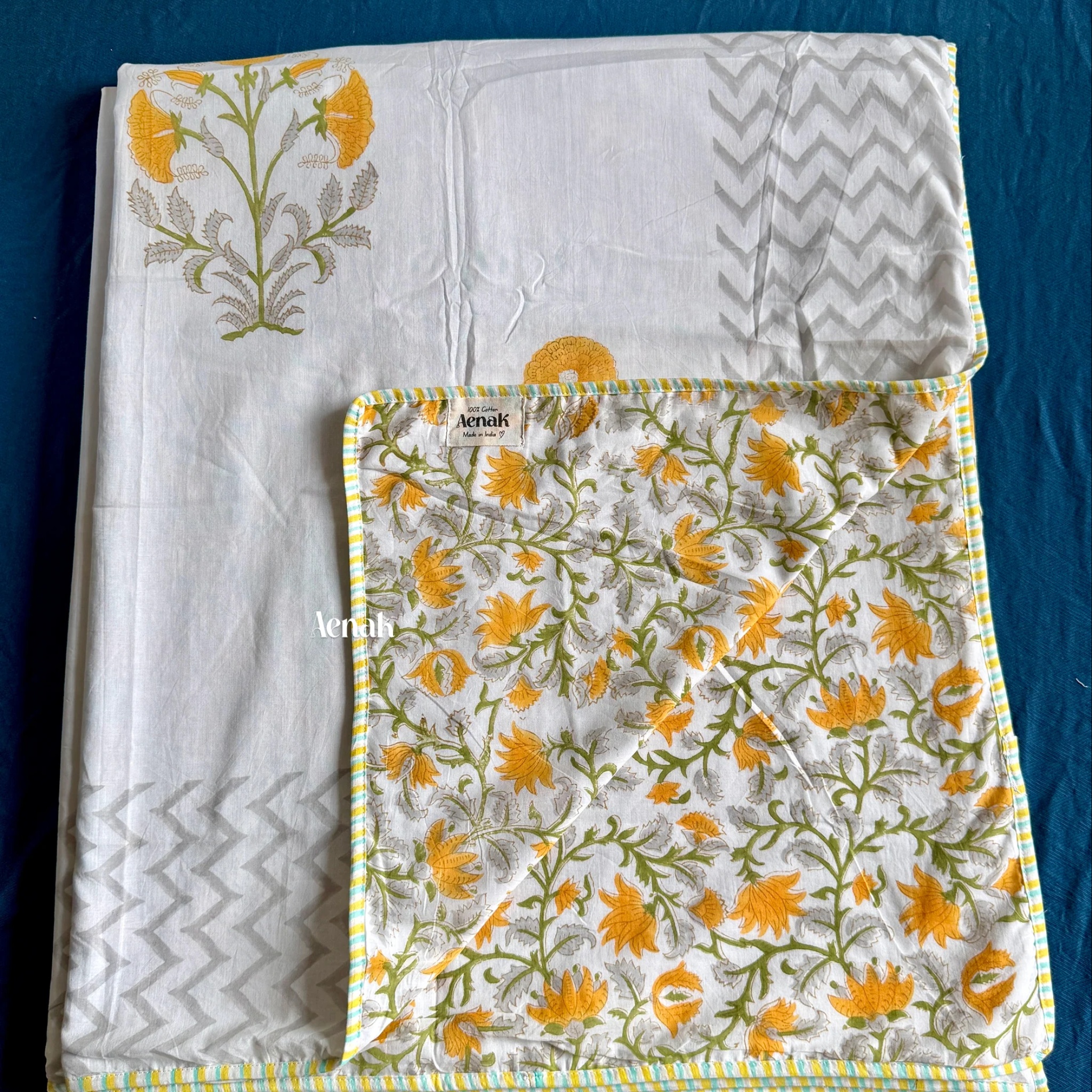Yellow Dahlia Garden Handblock Mulmul Cotton Reversible Dohar by Aenak Studios | Tooffi