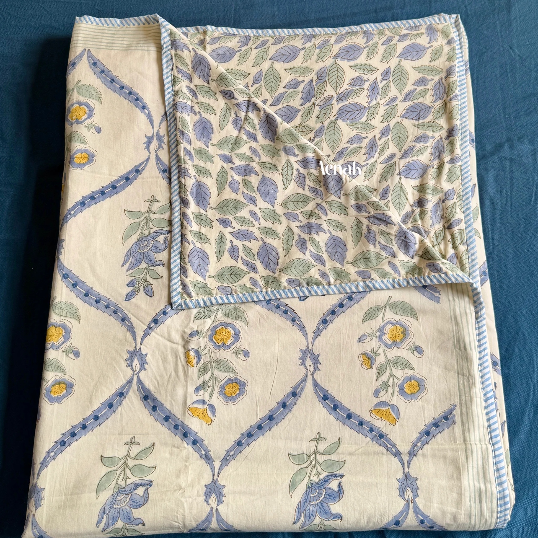 Blue Periwinkle Handblock Bedsheet + Dohar Combo Set (Beige Base) by Aenak Studios | Tooffi