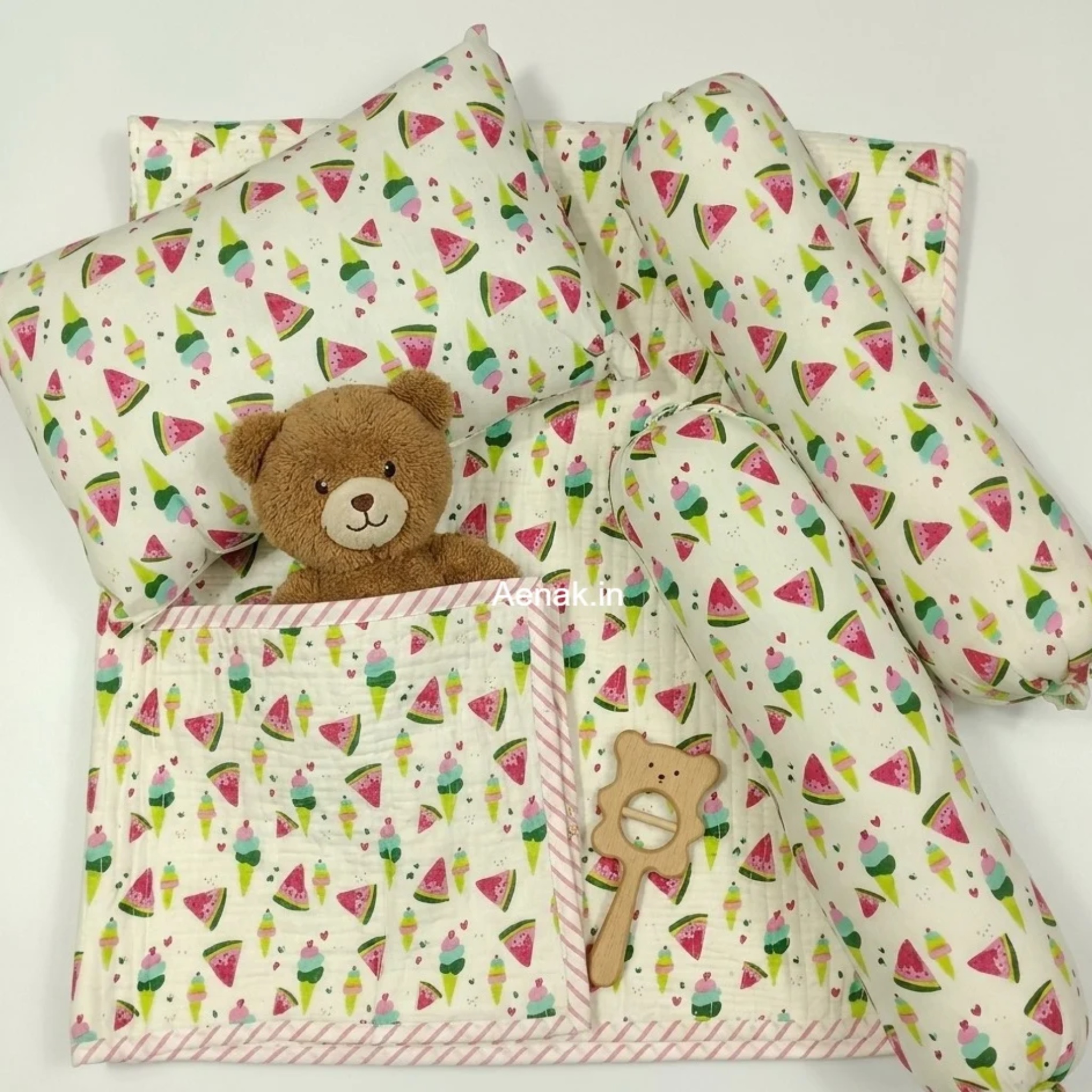 Pink Watermelon Handblock Newborn Baby Kit Set by Aenak Studios | Tooffi