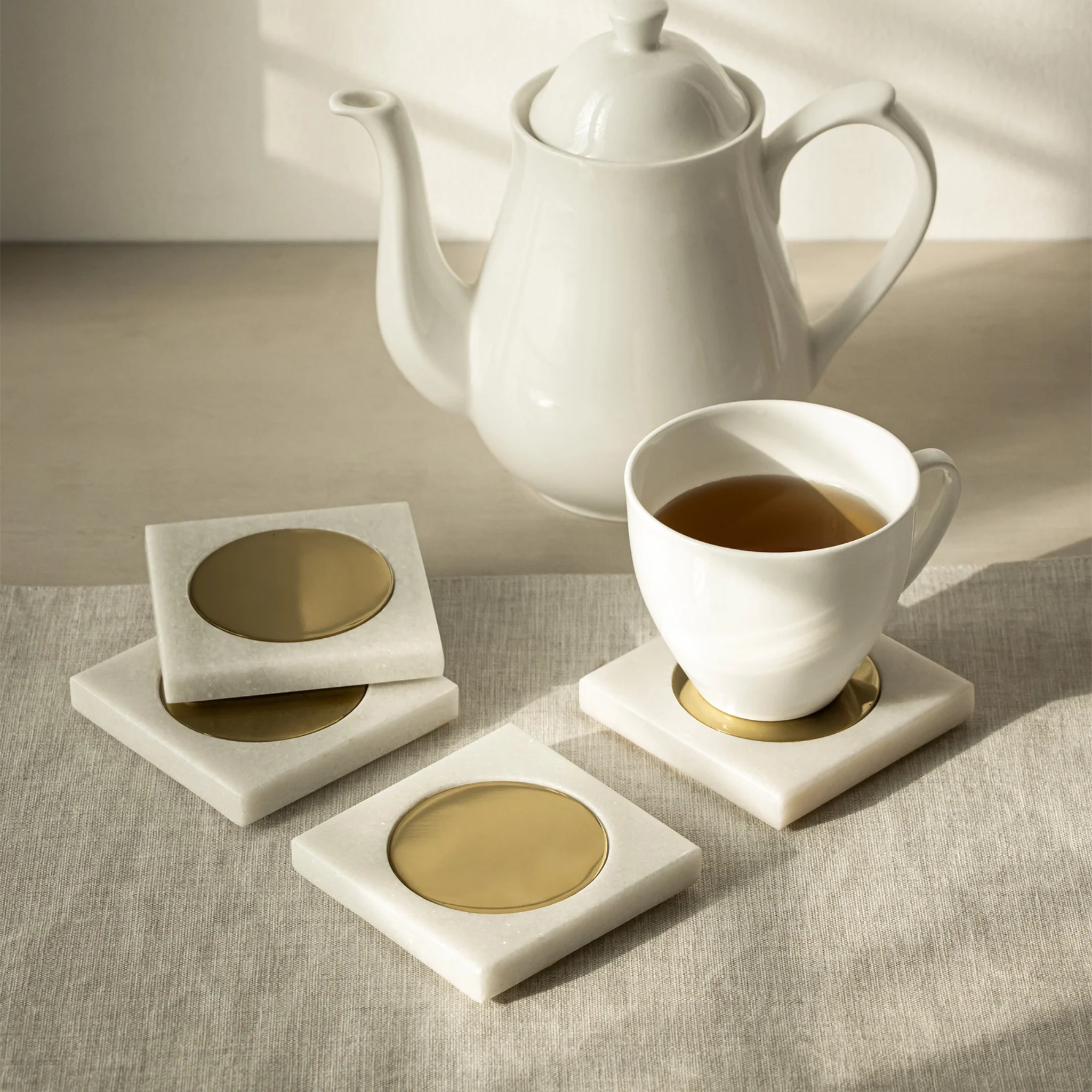 Yang Coasters — White Marble and Brass Gold (Set of 4) by Saswata | Tooffi
