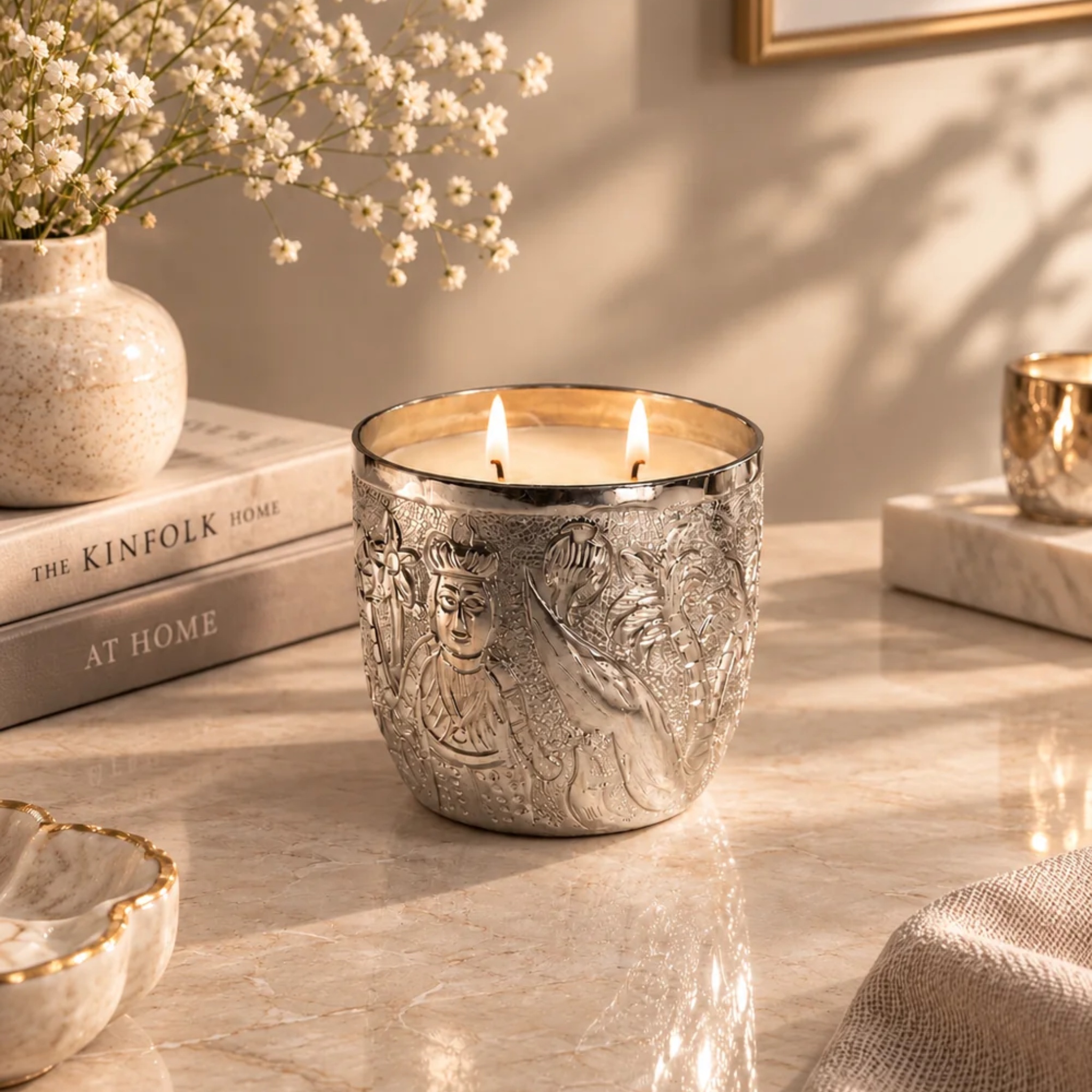 The Noor Collection- Hand Etched Silver Metal Luxury Candles Set of 4 by Endora Scented Candles | Tooffi