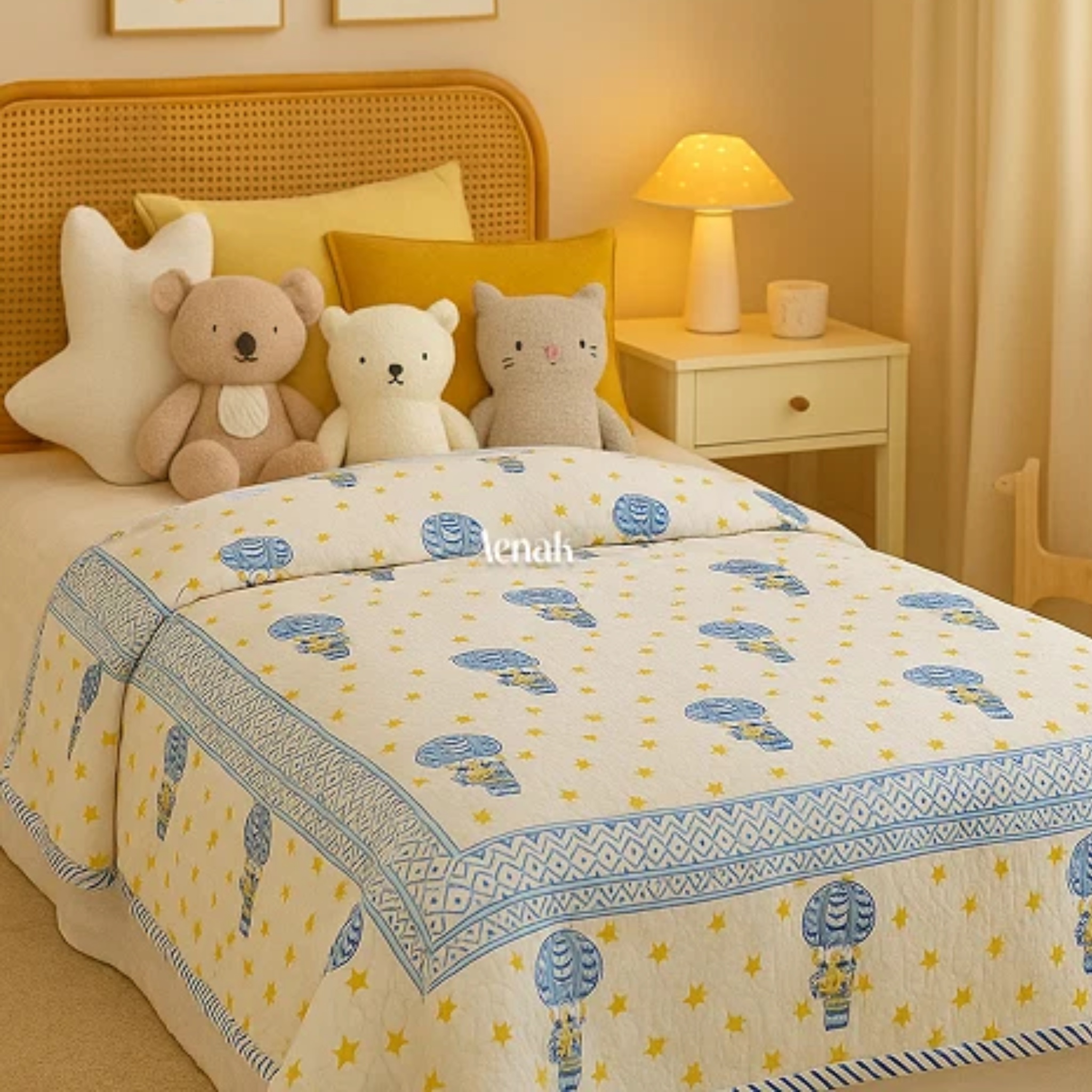Blue Balloon Handblock Reversible Mulmul Cotton Kids Blanket Set by Aenak Studios | Tooffi