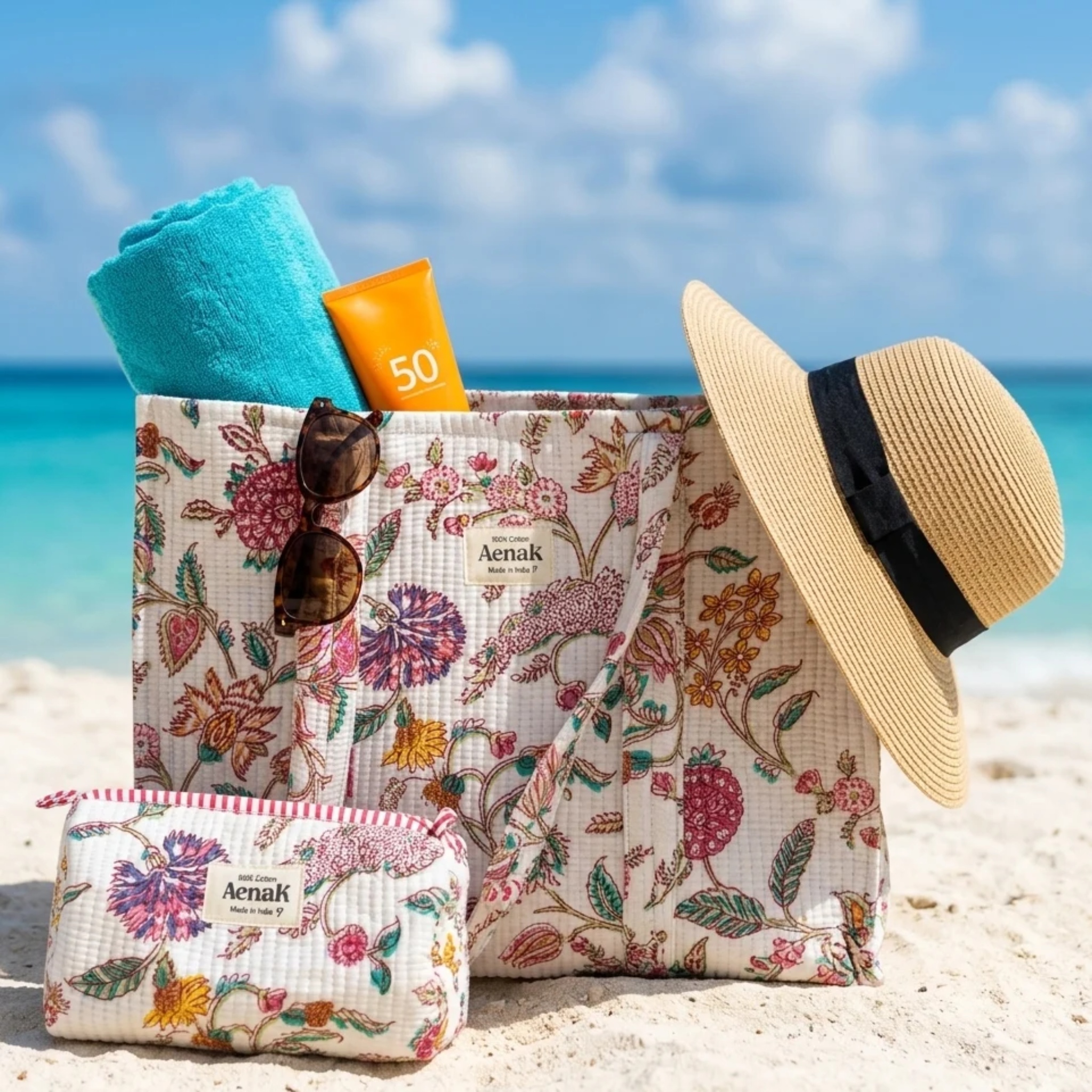 Purple & Pink Floral Garden Quilted Cotton Travel Bag + Vanity Pouch by Aenak Studios | Tooffi