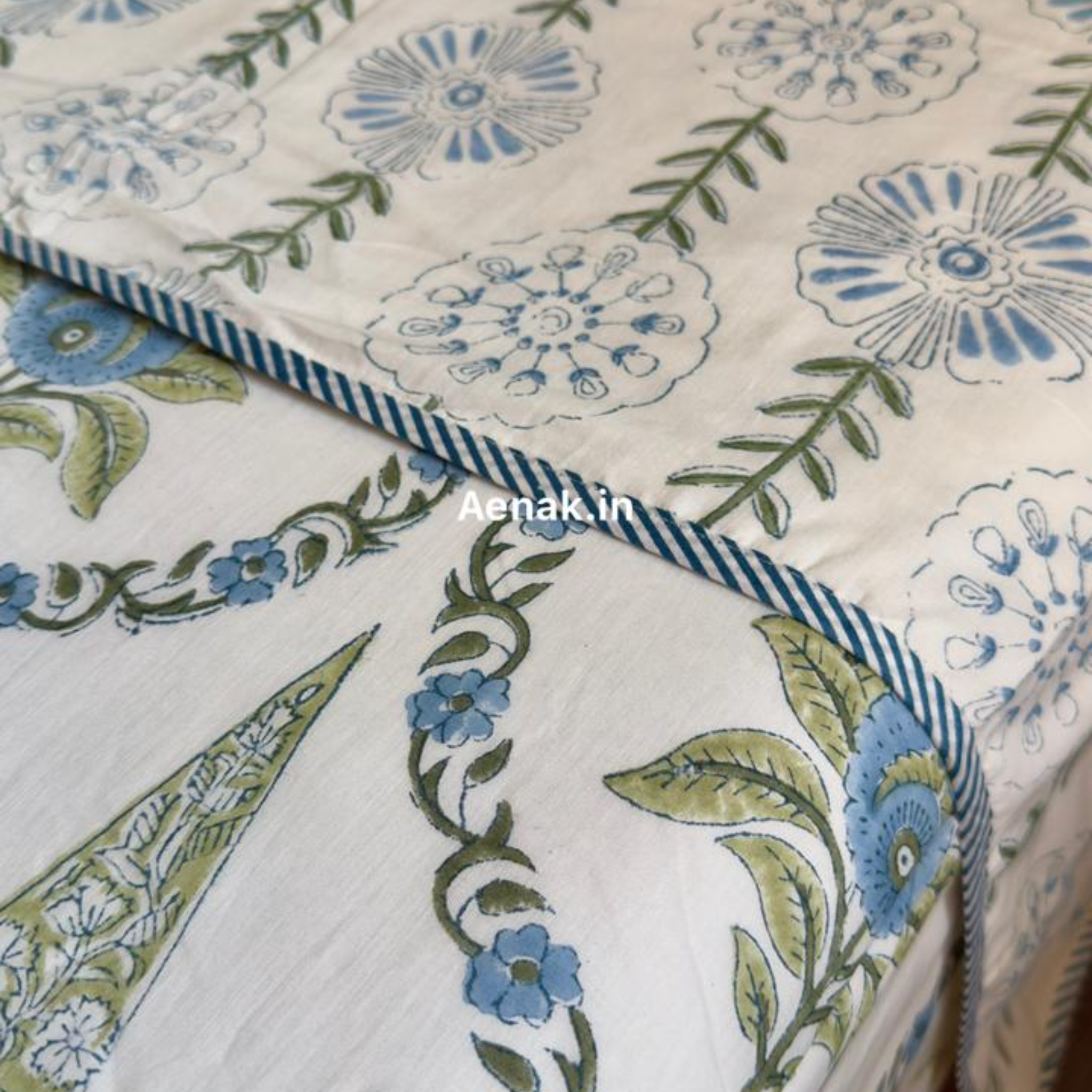 Blue Jaipuri Jaal Handblock Mulmul Cotton Reversible Dohar by Aenak Studios | Tooffi