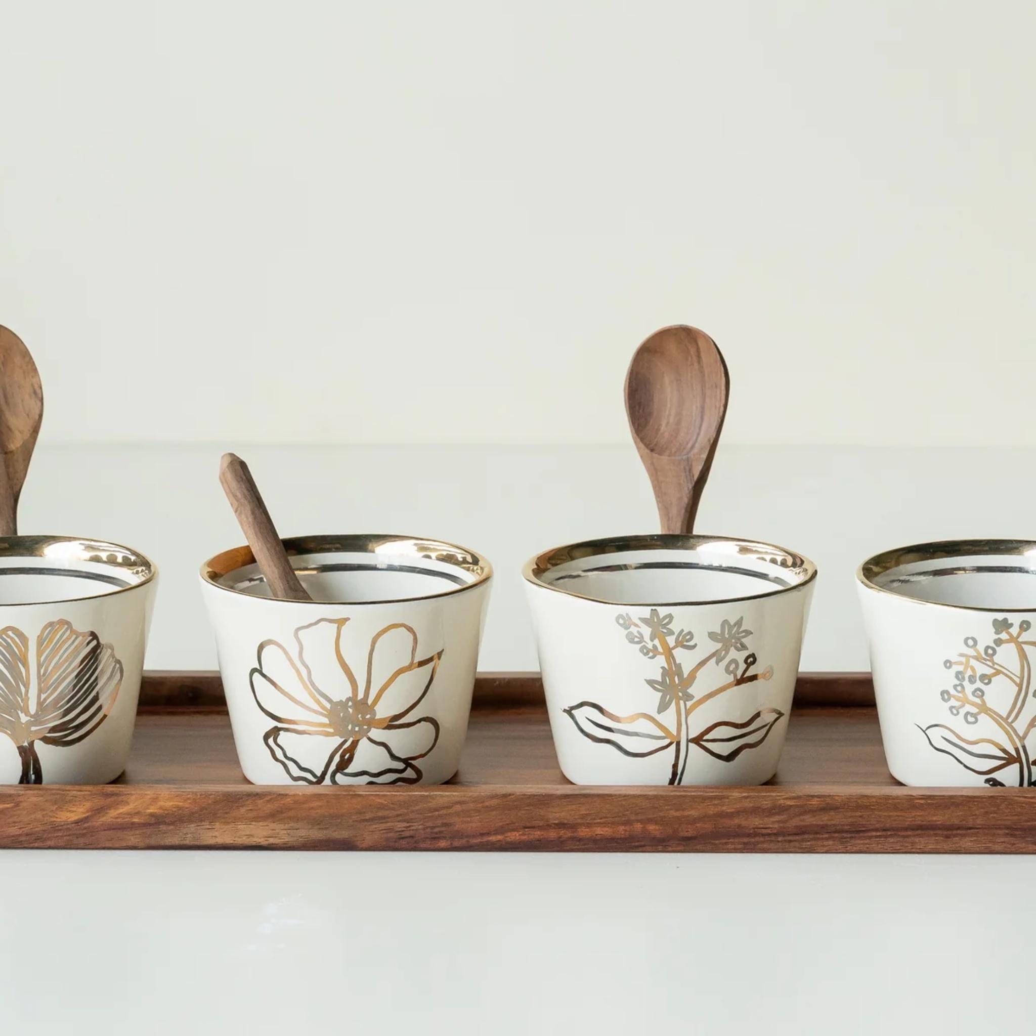 Wildflower Ivory Bowl with wooden spoons (Set Of 4) by nira's ceramics | Tooffi