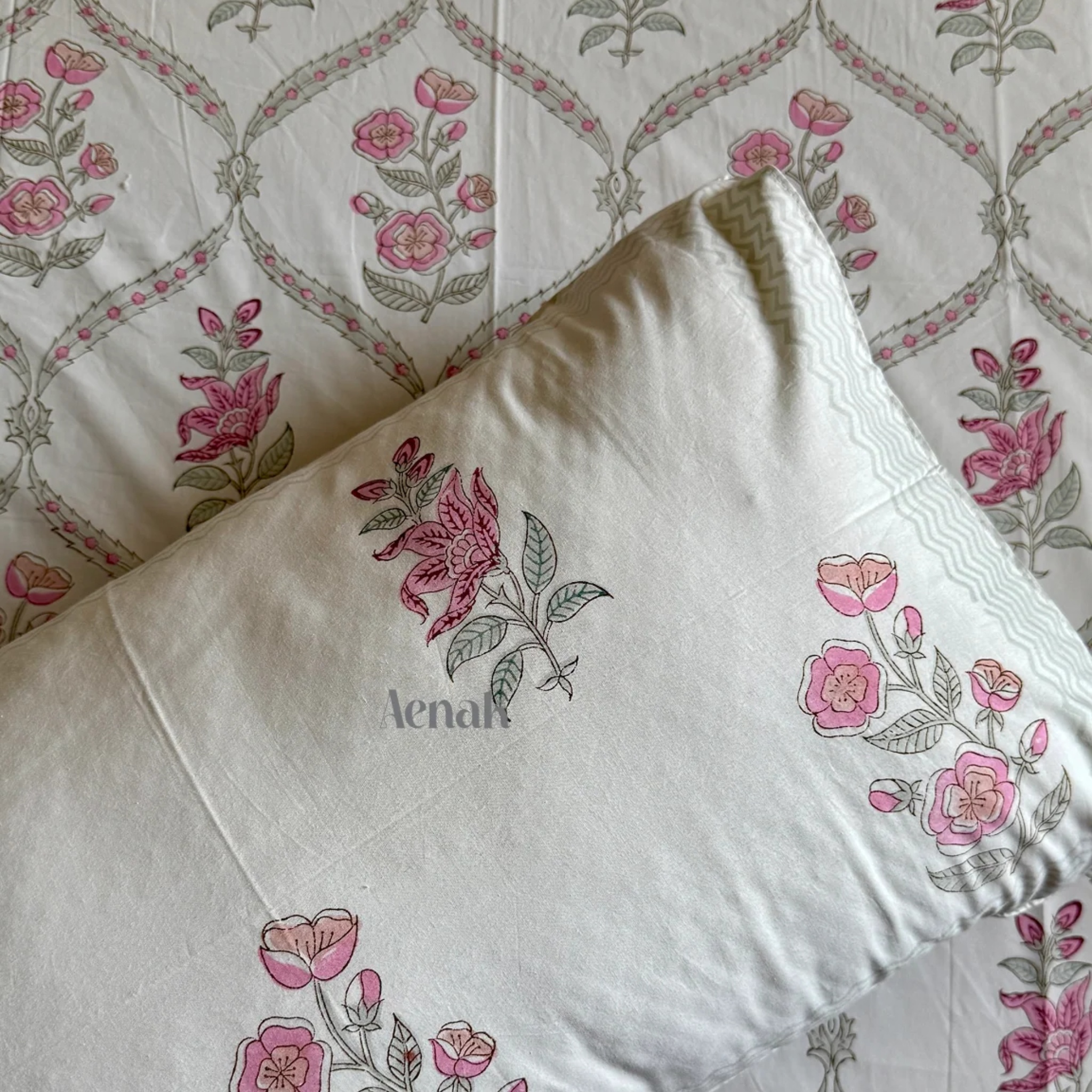 Pink Periwinkle Jaal Handblock Premium Cotton Bedsheet Set by Aenak Studios | Tooffi