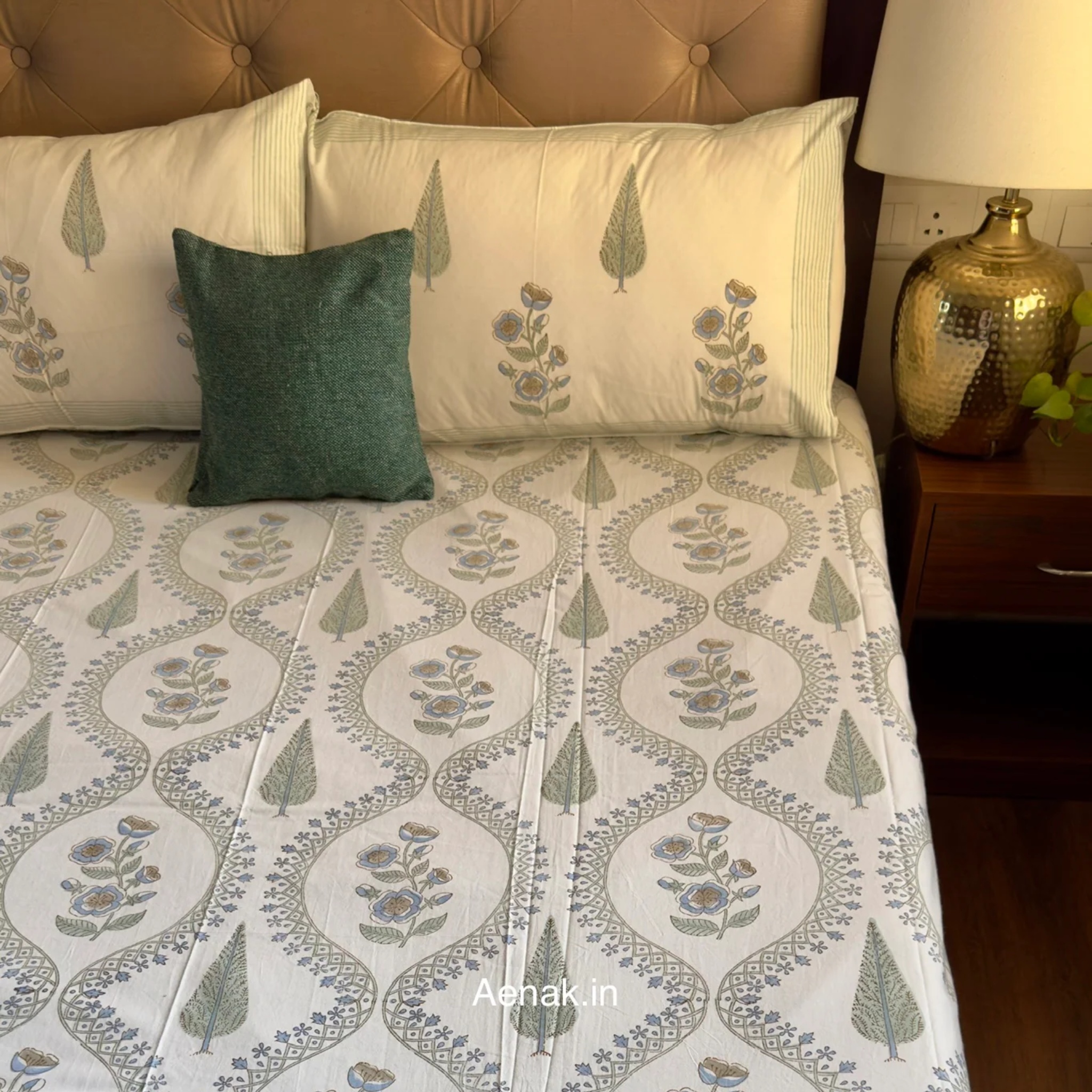 Blue Periwinkle Jaal Handblock Premium Cotton Bedsheet Set by Aenak Studios | Tooffi