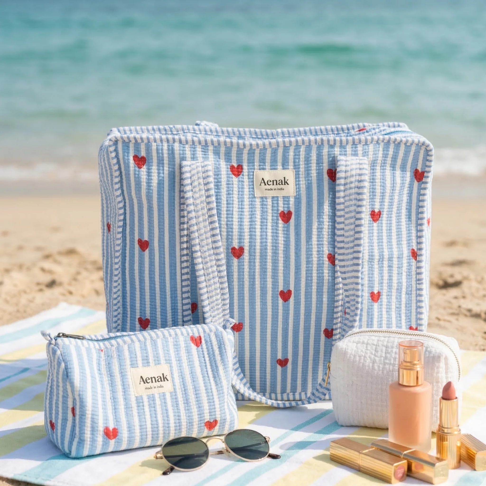 Blue Little Heart Quilted Cotton Travel Bag + Vanity Pouch by Aenak Studios | Tooffi