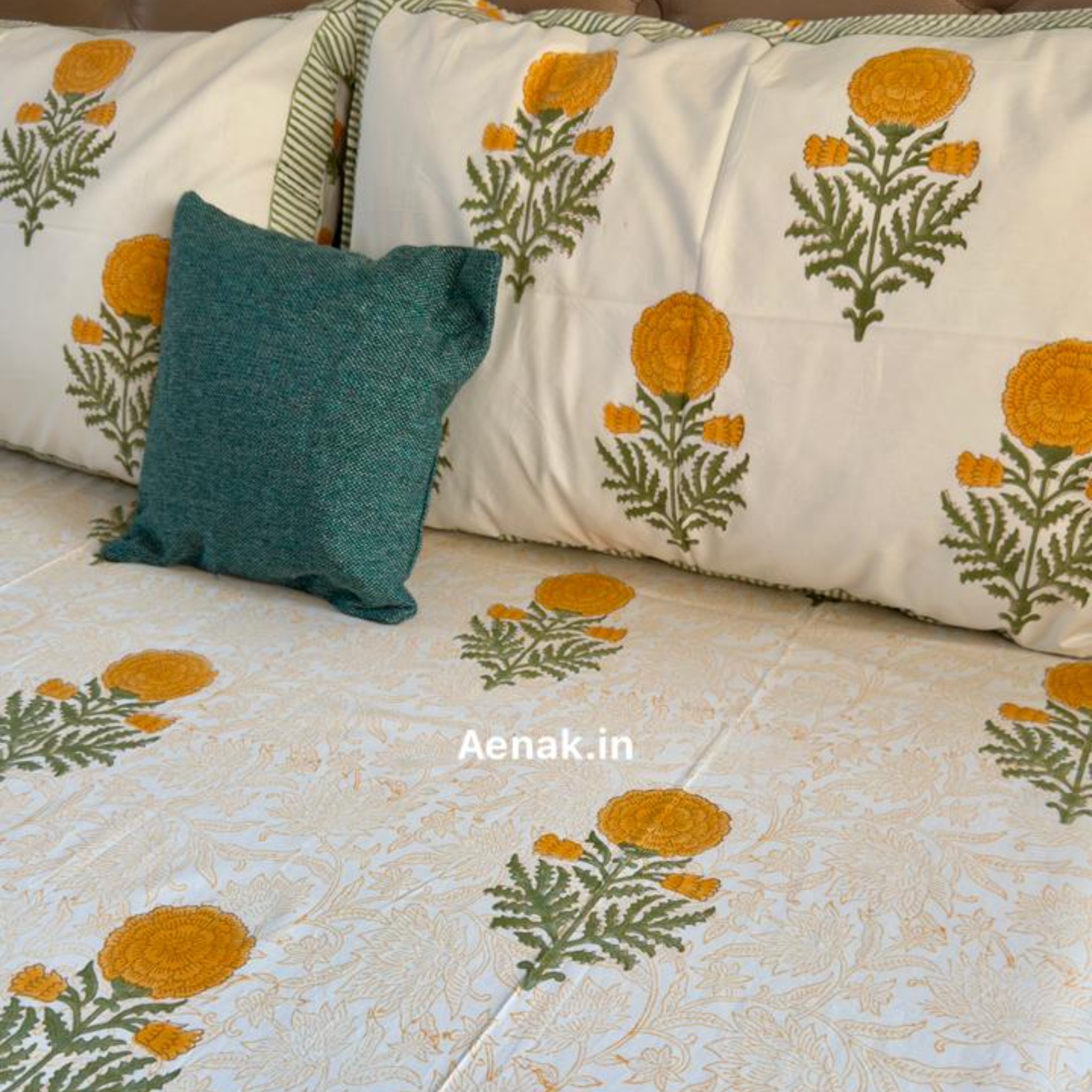 Turmeric Yellow Paani Jaal Handblock Premium Cotton Bedsheet Set by Aenak Studios | Tooffi