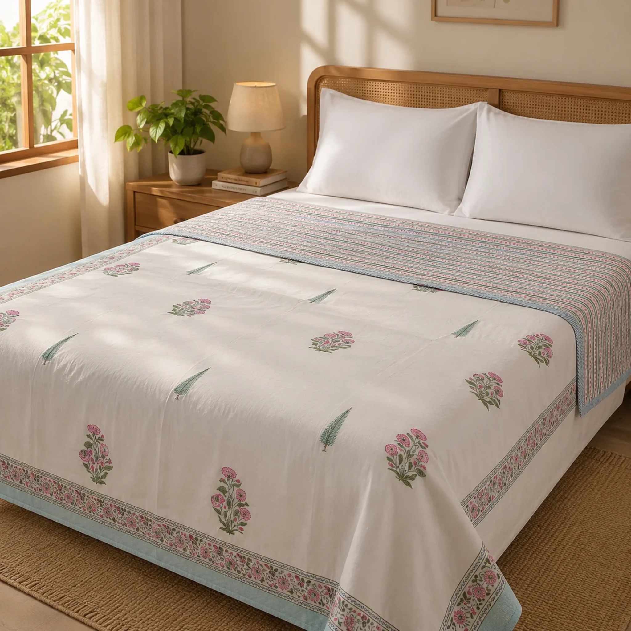 Light Magenta Floral Handblock Bedsheet + Dohar Combo Set by Aenak Studios | Tooffi