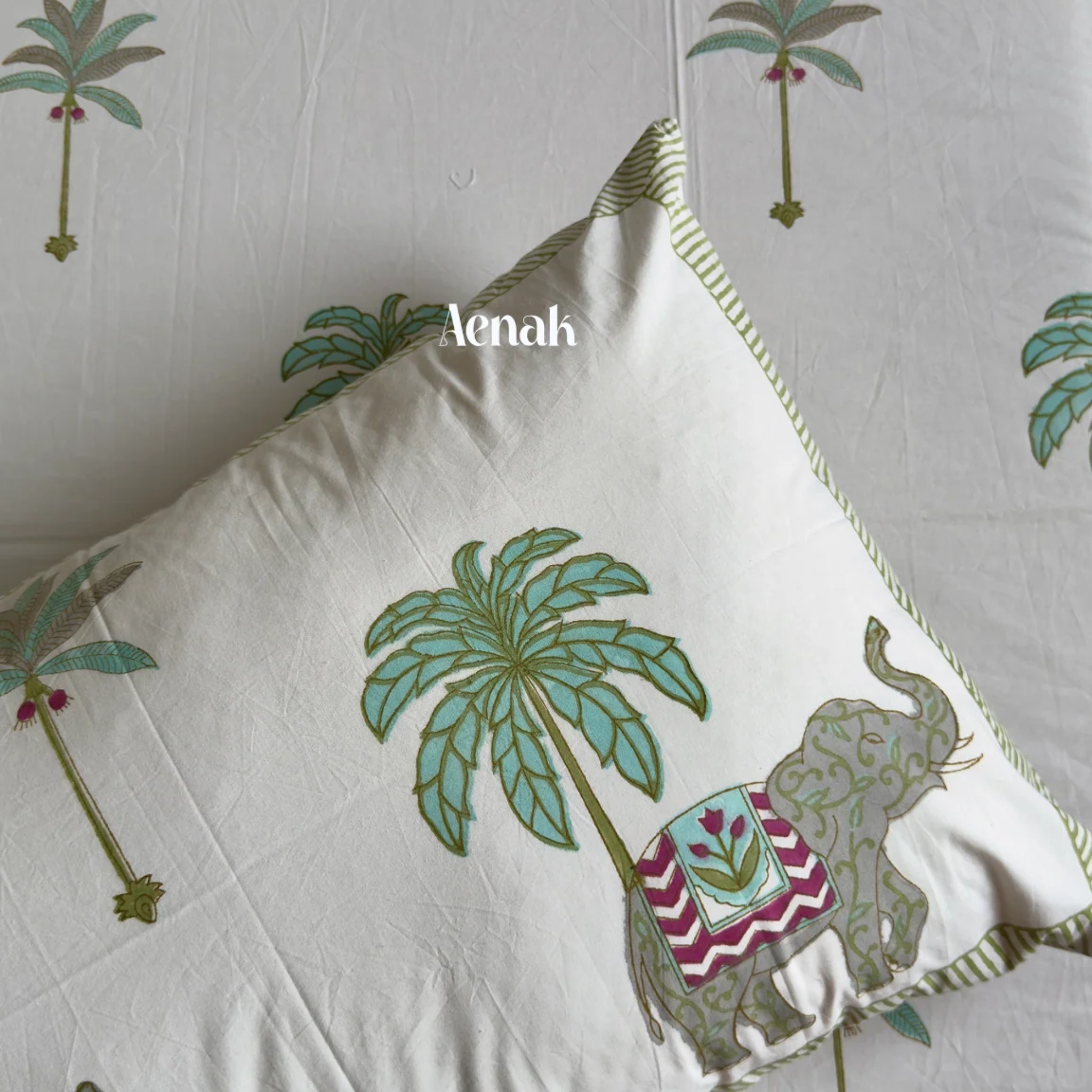 Grey Elephant Handblock Bedsheet + Quilted Bedcover Combo Set by Aenak Studios | Tooffi