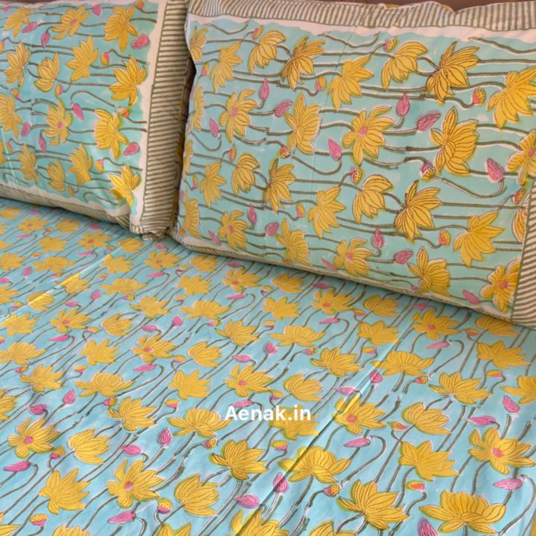Yellow Pichwai Lotus Handblock Premium Cotton Bedsheet Set by Aenak Studios | Tooffi