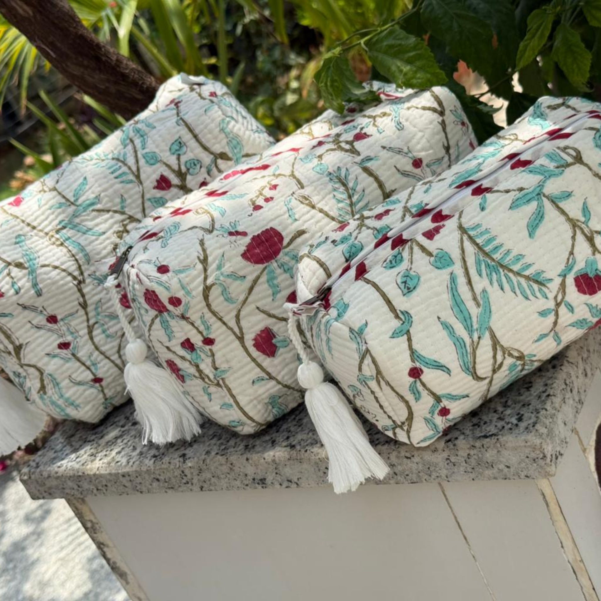 Teal Blue Jaal Quilted Vanity Pouches-Set of 3 by Aenak Studios | Tooffi