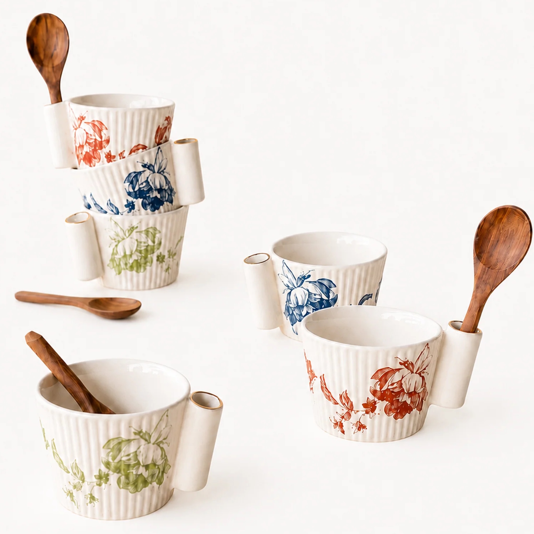 NeoBloom bowls with wooden spoons (set of 6) by nira's ceramics | Tooffi