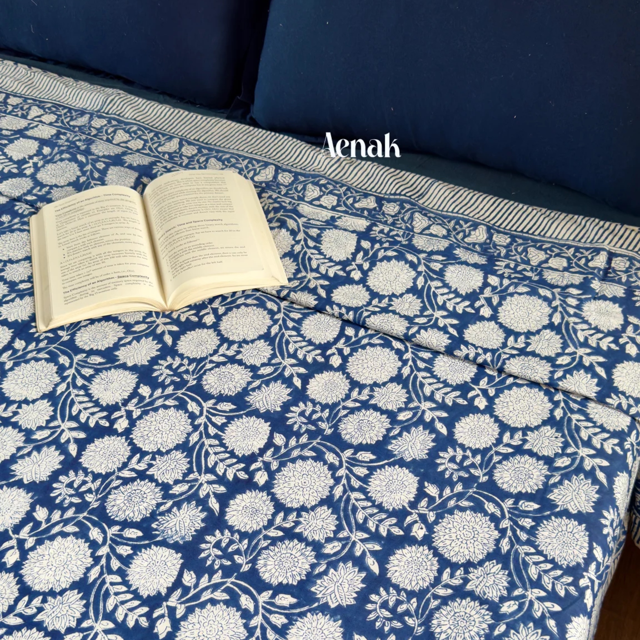 Blue Floral Garden Handblock Mulmul Cotton Reversible Dohar by Aenak Studios | Tooffi