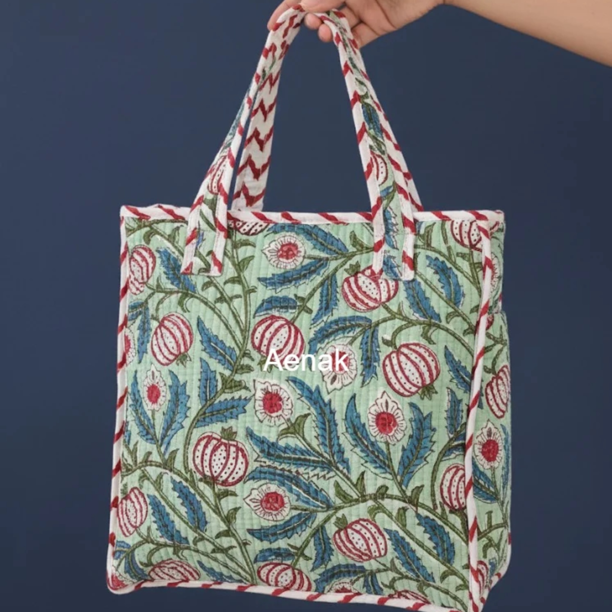 Red Anaar Handblock Lunch Bag by Aenak Studios | Tooffi
