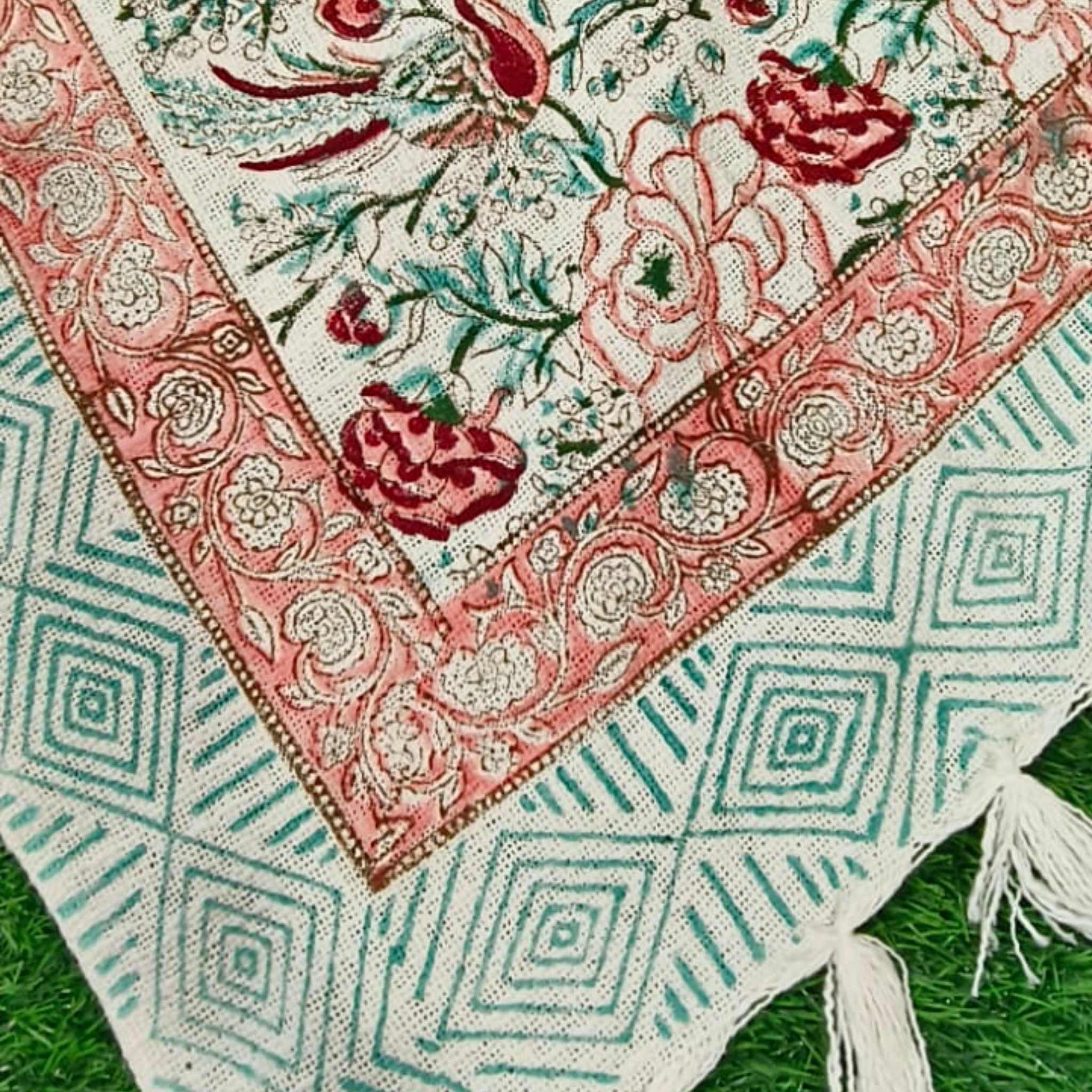 Handblock Jute Cotton Dhurries - red & Peach by Aenak Studios | Tooffi
