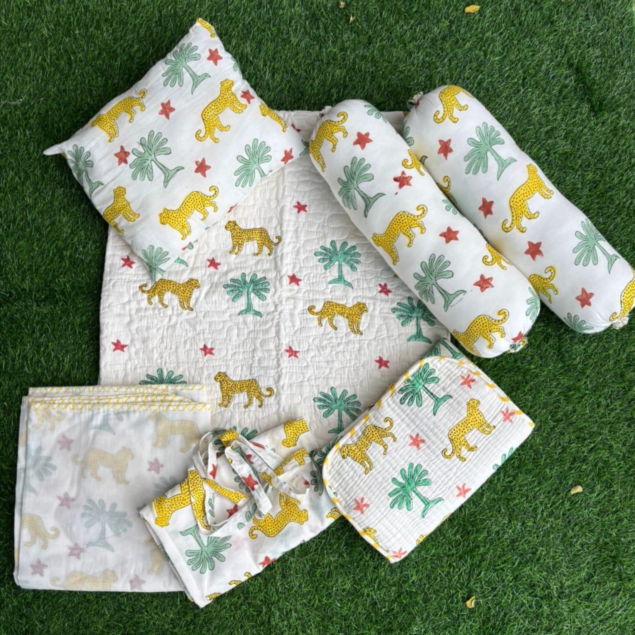 Yellow Cheetah Elephants Handcrafted Newborn Baby Kit Set by Aenak Studios | Tooffi