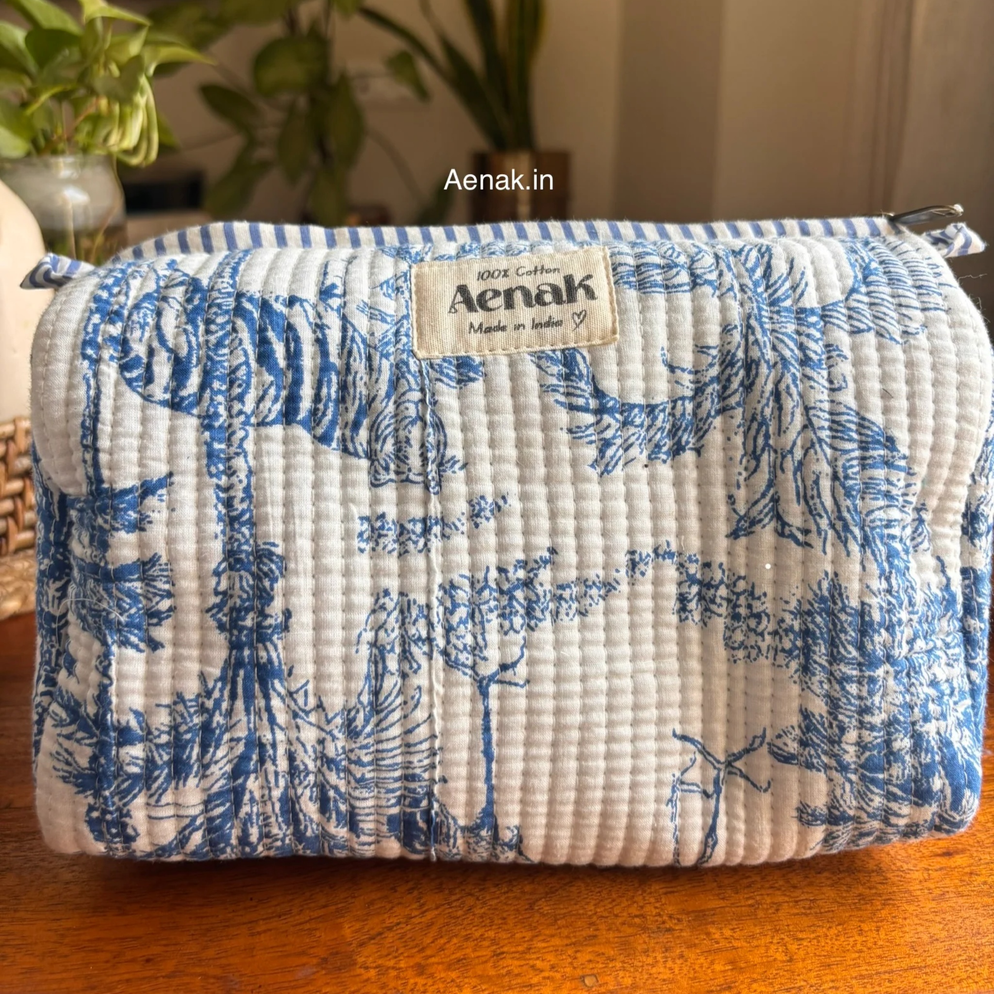 Blue Jungle Quilted Cotton Travel Bag + Vanity Pouch by Aenak Studios | Tooffi