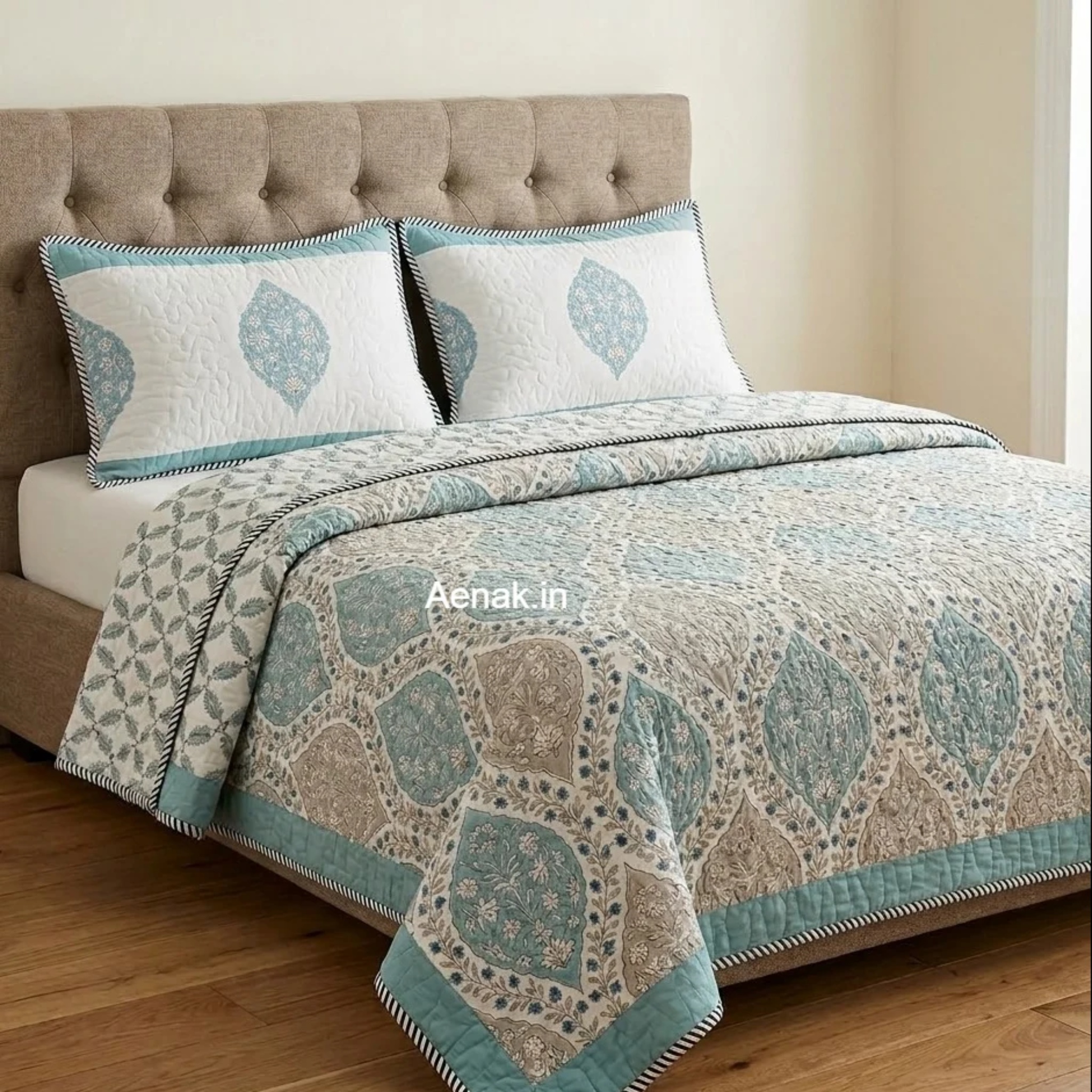 Blue Jaal Handblock Bedsheet and Quilted Bedcover Combo Set — Turquoise Blue and Grey by Aenak Studios | Tooffi