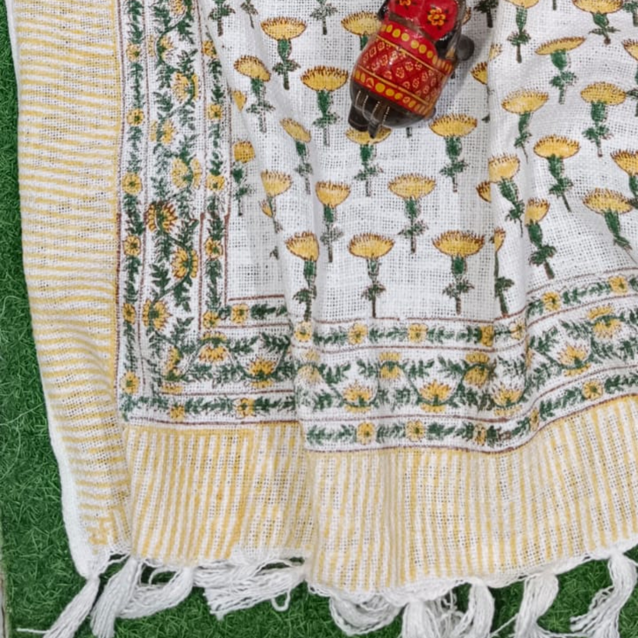 Handblock Jute Cotton Dhurrie — Yellow and Blue by Aenak Studios | Tooffi