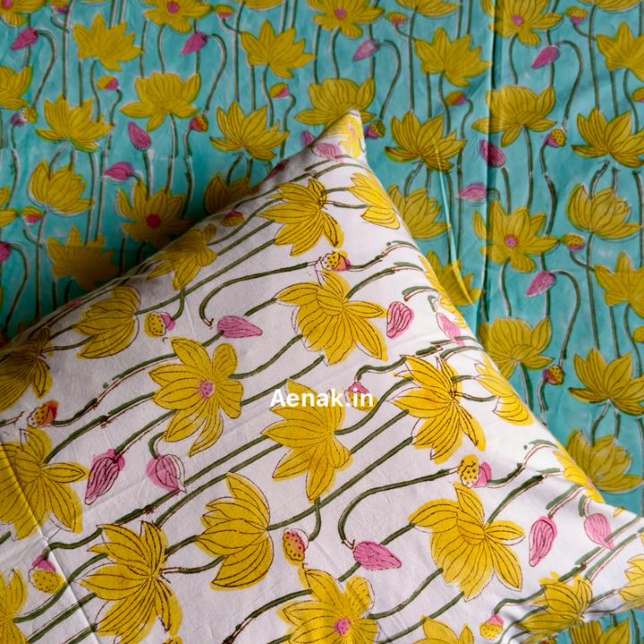 Yellow Pichwai Lotus Handblock Premium Cotton Bedsheet Set by Aenak Studios | Tooffi