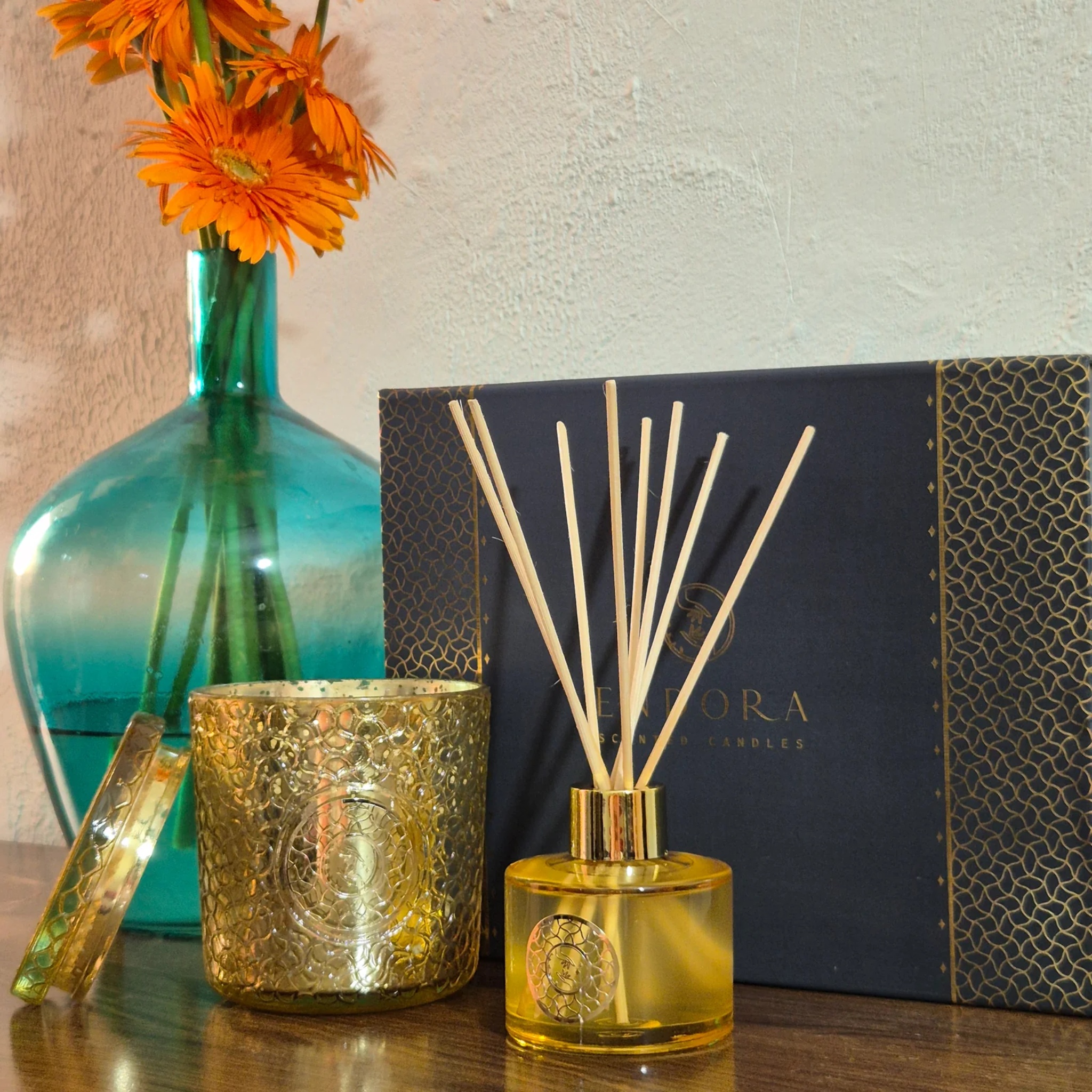Endora Signature gold candle + Diffuser set by Endora Scented Candles | Tooffi