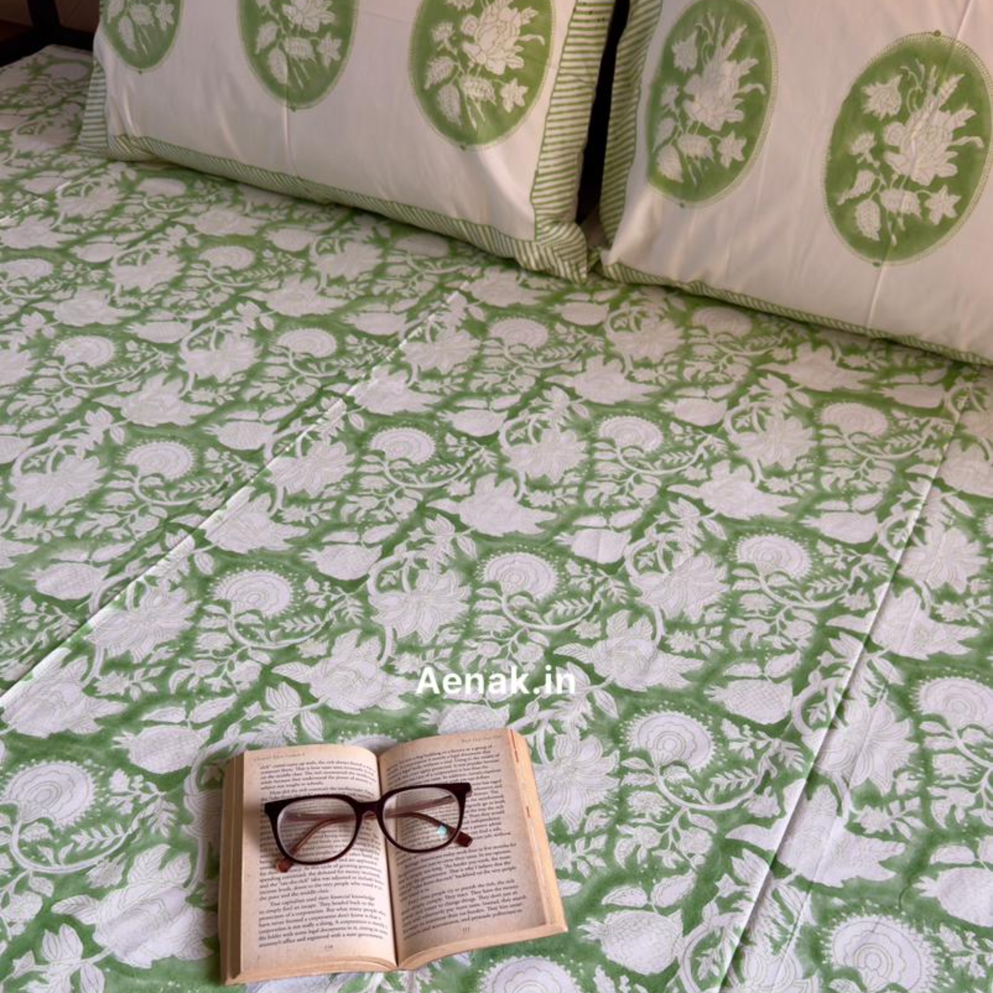 Green Garden Handblock Bedsheet + Quilted Bedcover Combo Set by Aenak Studios | Tooffi