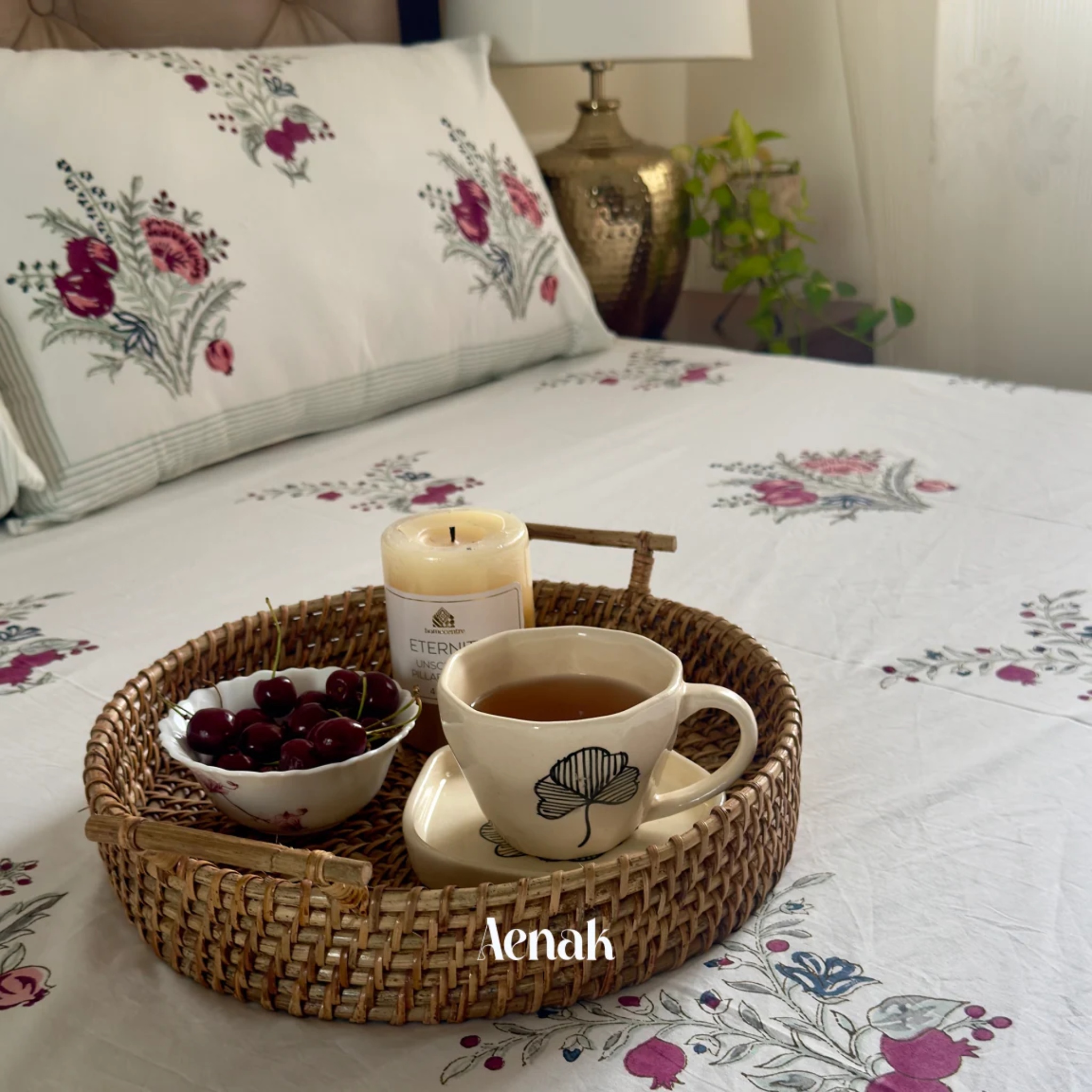 Burgundy Anaar Handblock Premium Cotton Bedsheet Set by Aenak Studios | Tooffi