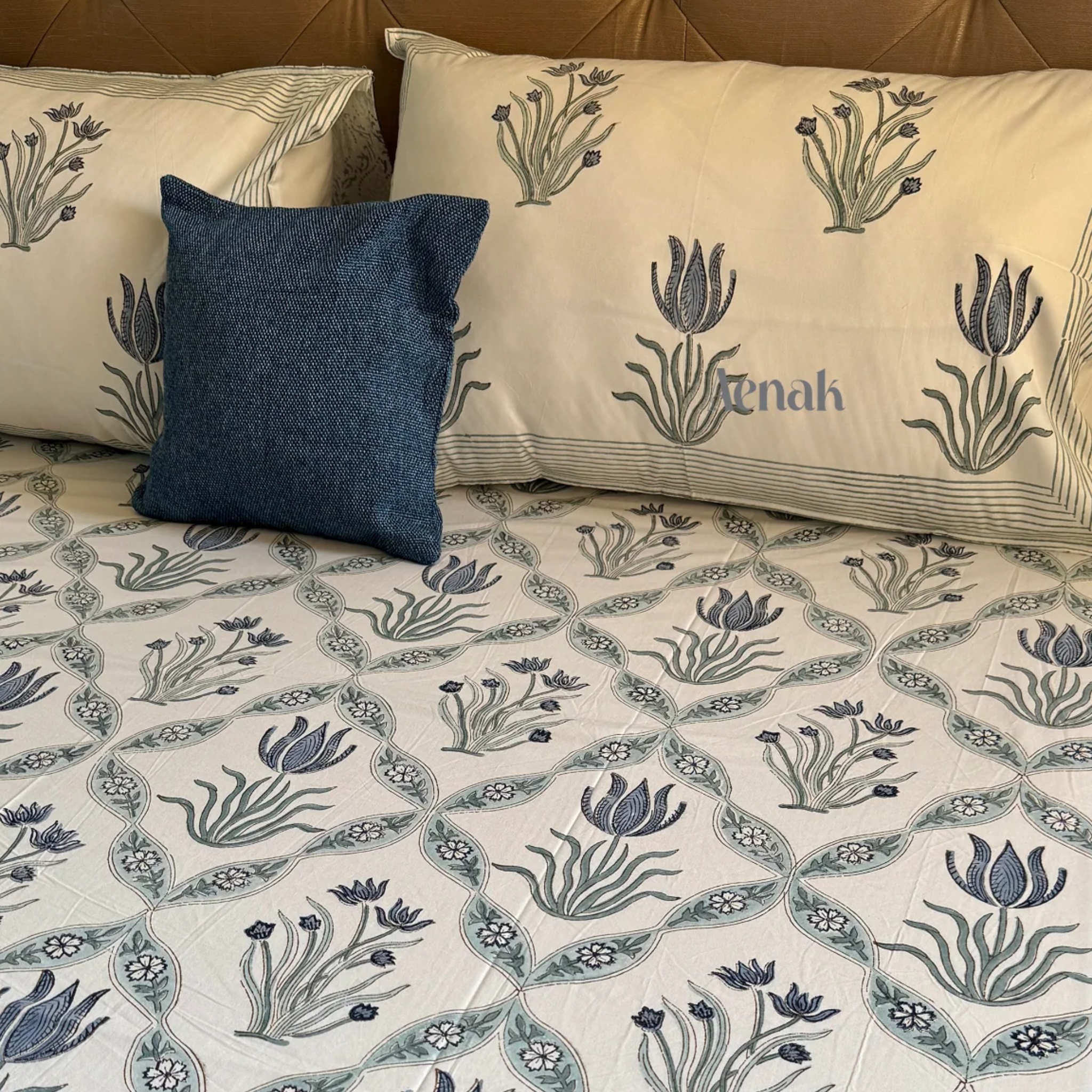 Blue Lotus Jaal Handblock Premium Cotton Bedsheet Set by Aenak Studios | Tooffi