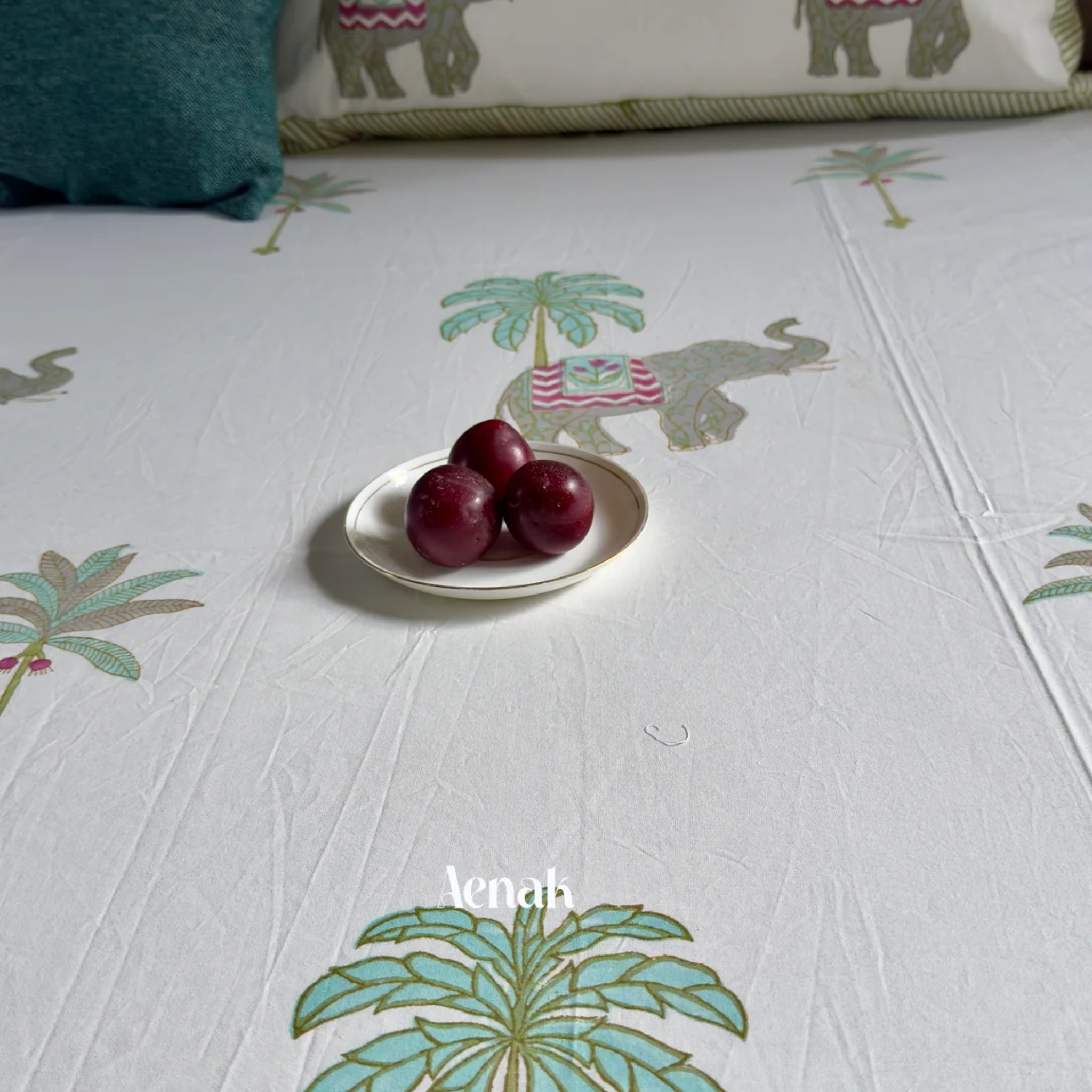 Grey Elephant Handblock Bedsheet + Quilted Bedcover Combo Set by Aenak Studios | Tooffi