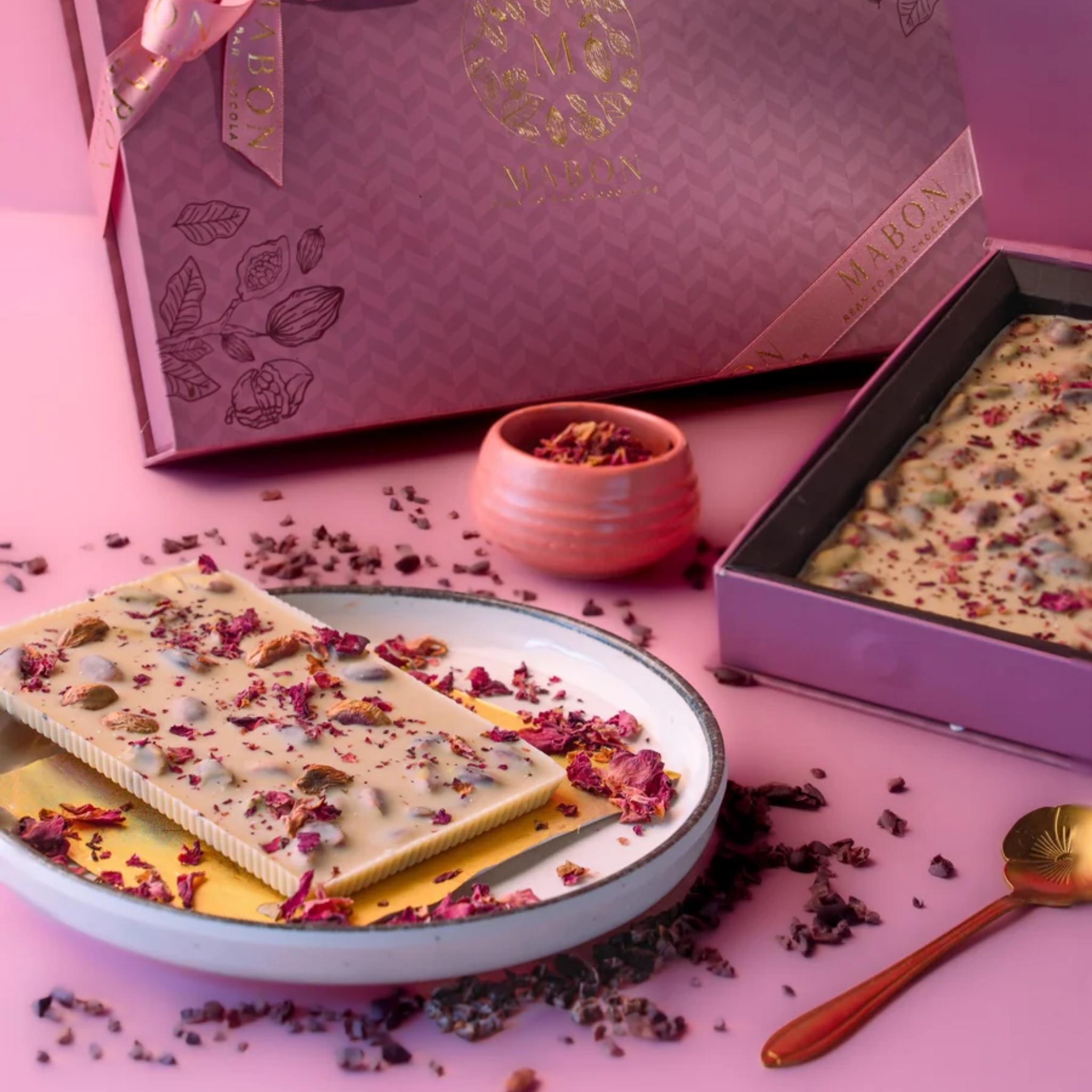 Rosy Pistachio Bark Hamper by Mabon Chocolates | Tooffi