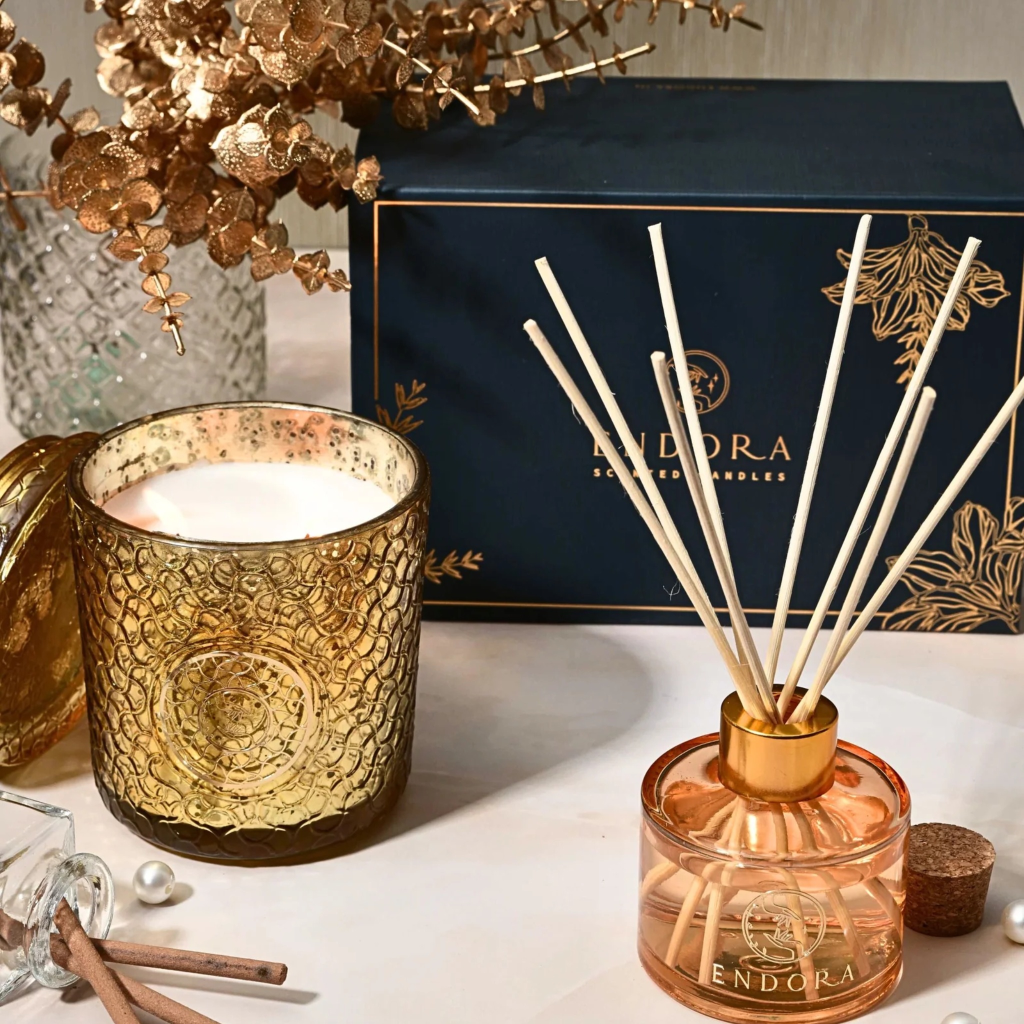 Endora Signature gold candle + Diffuser set by Endora Scented Candles | Tooffi
