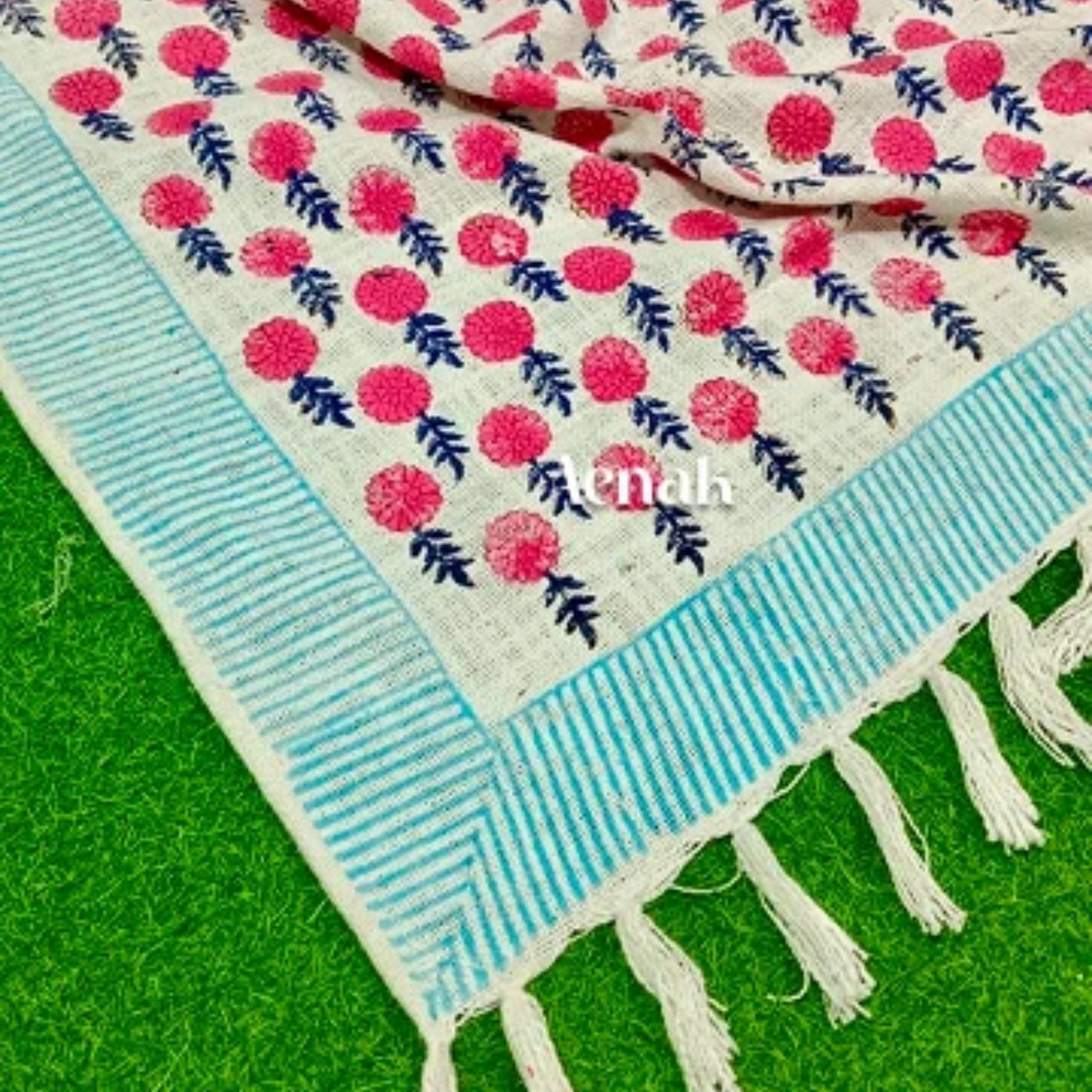Handblock Jute Cotton Dhurrie — Pink by Aenak Studios | Tooffi
