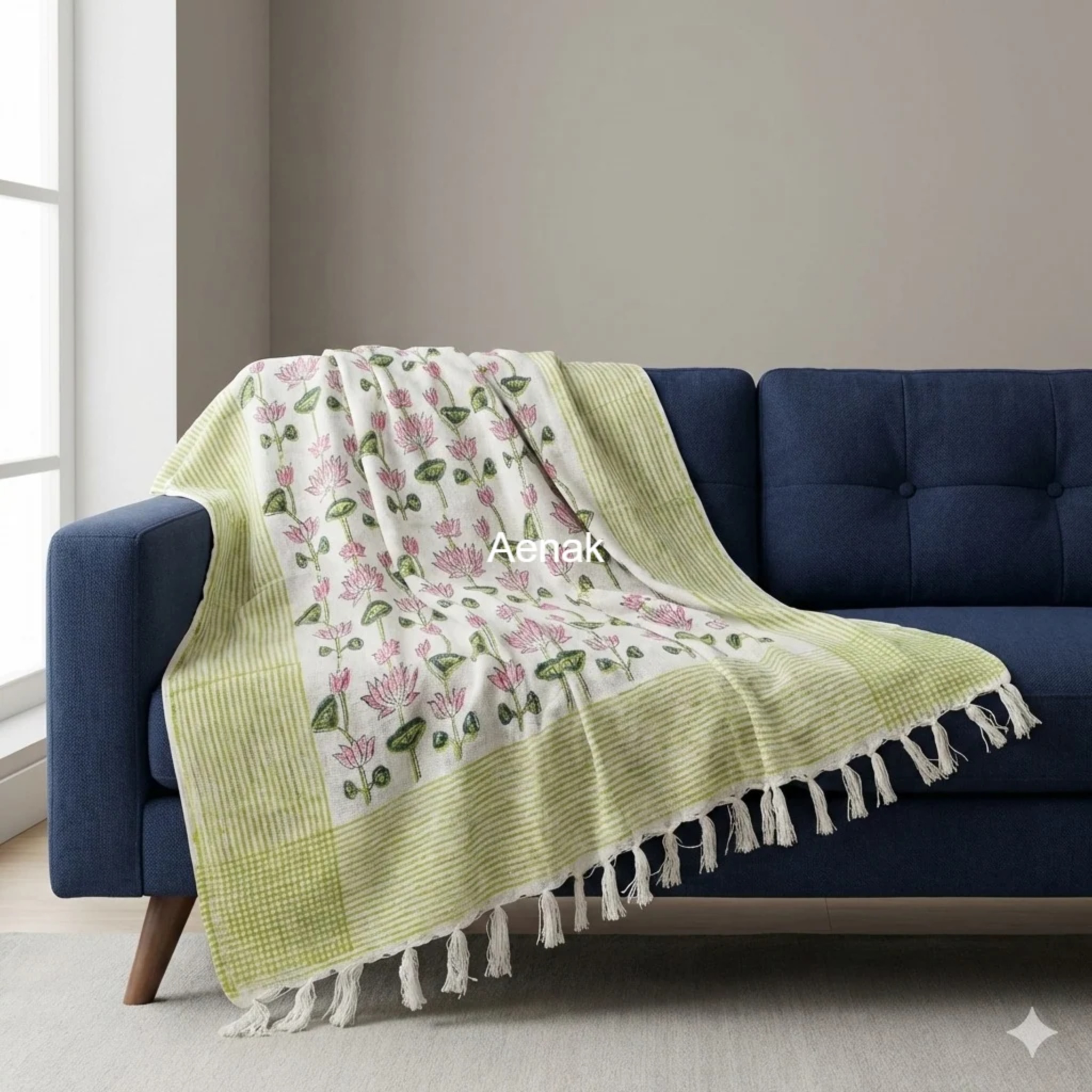 Handblock Jute Cotton Dhurrie — Pink and Green by Aenak Studios | Tooffi