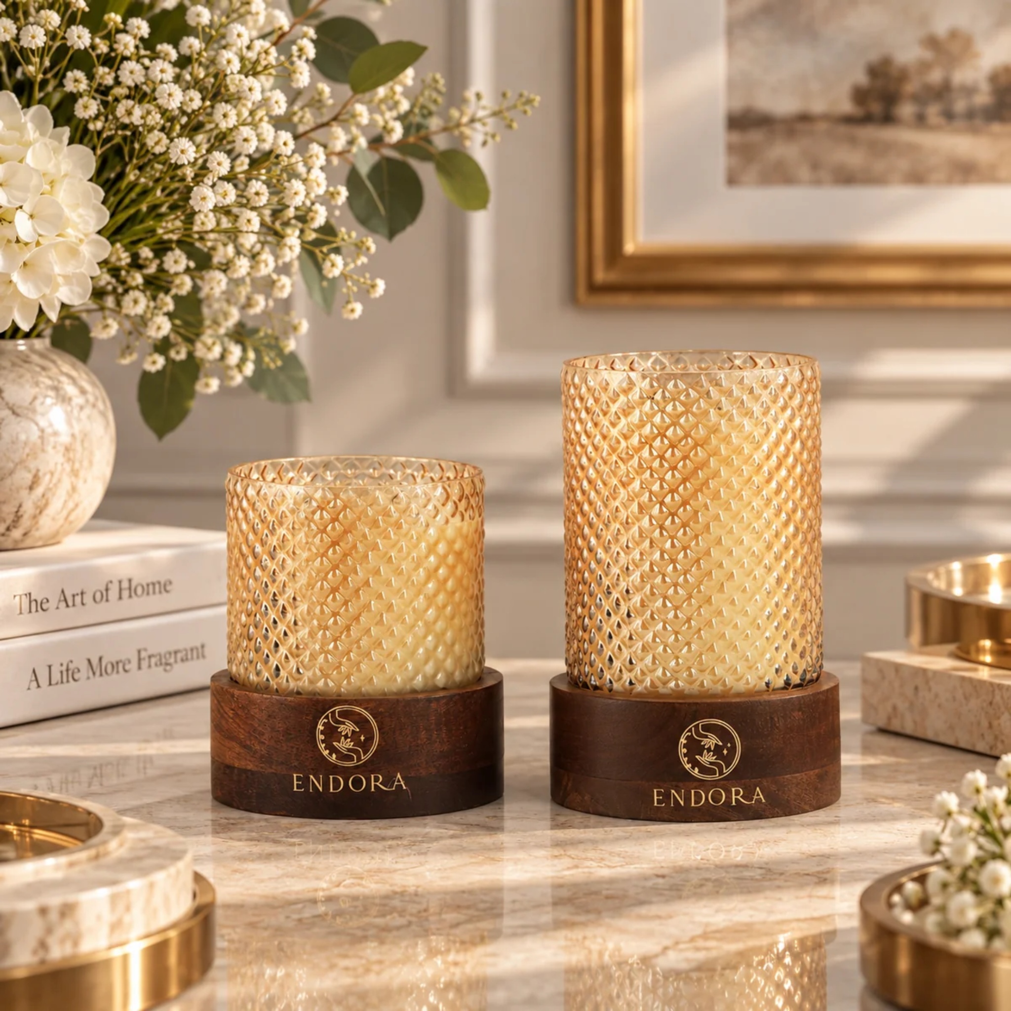 Diamond Cut Wood Base Candles | Set of 3 by Endora Scented Candles | Tooffi
