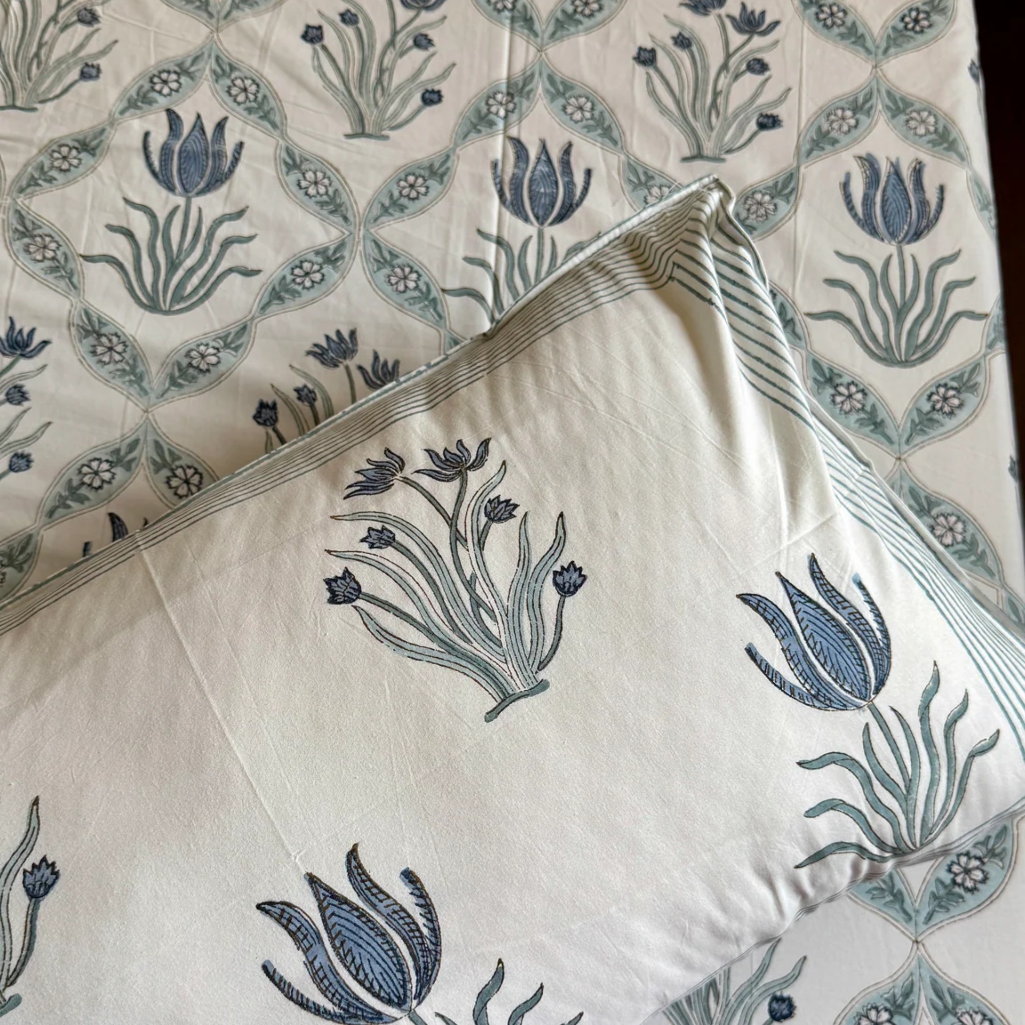 Blue Lotus Jaal Handblock Premium Cotton Bedsheet Set by Aenak Studios | Tooffi