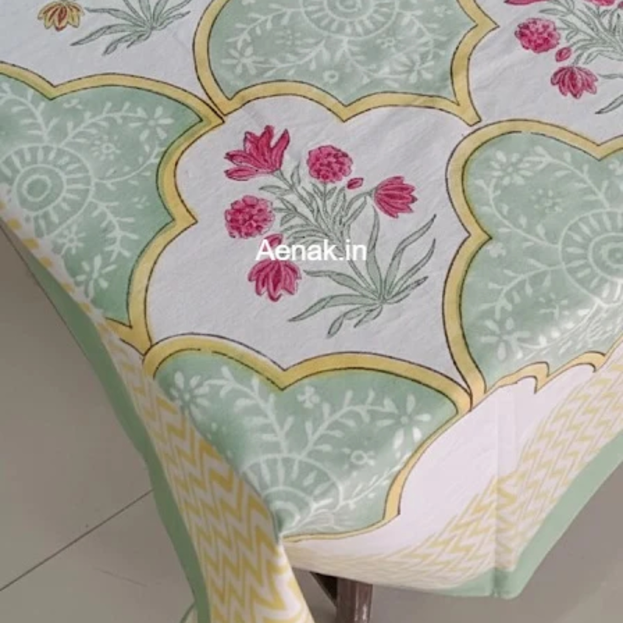 Mint Green & Yellow Handblock Table Cover by Aenak Studios | Tooffi