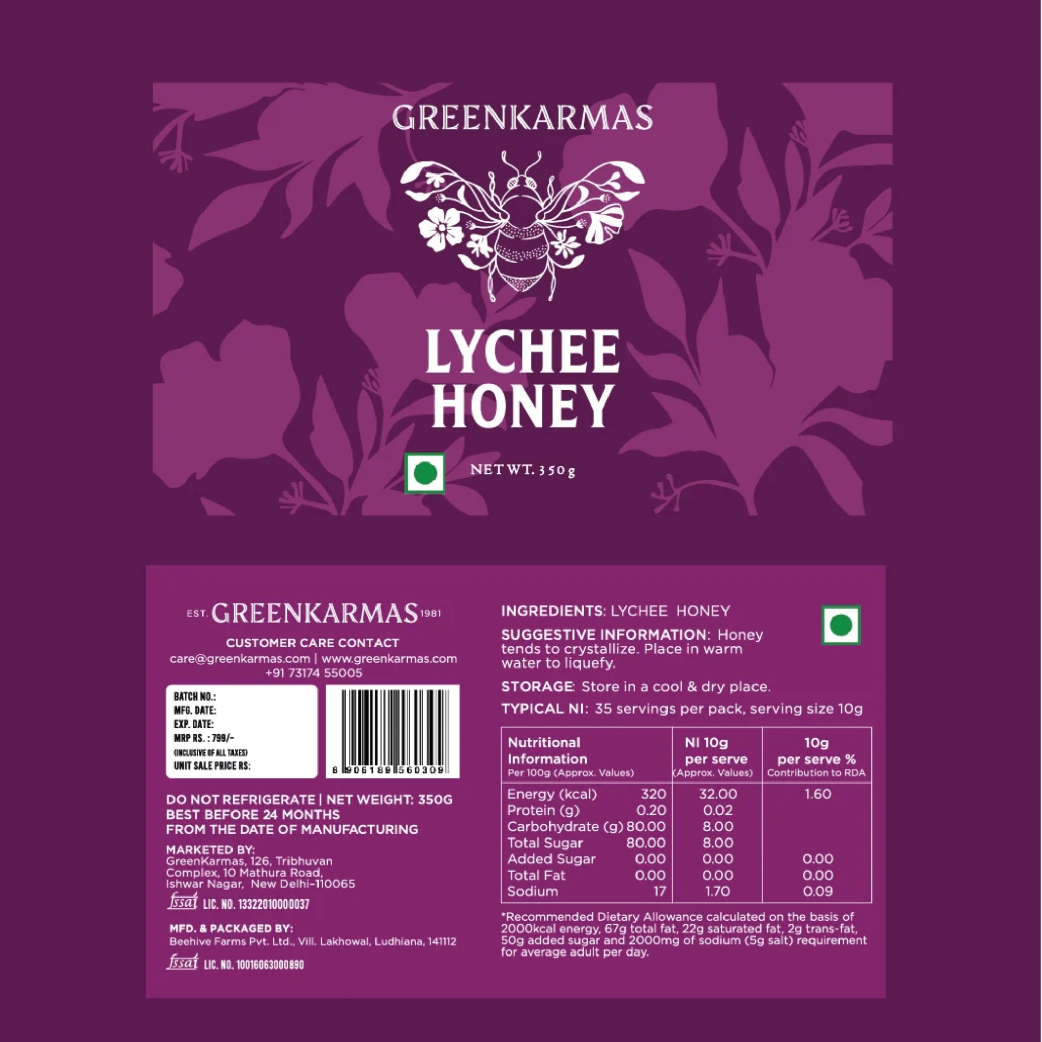 Naturally Pure Lychee Honey(350g) by GreenKarmas | Tooffi
