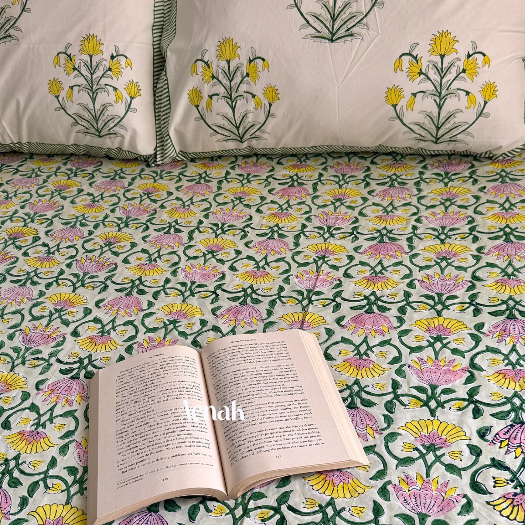 Pink & Yellow Lotus Handblock Printed Premium Cotton Bedsheet Set by Aenak Studios | Tooffi
