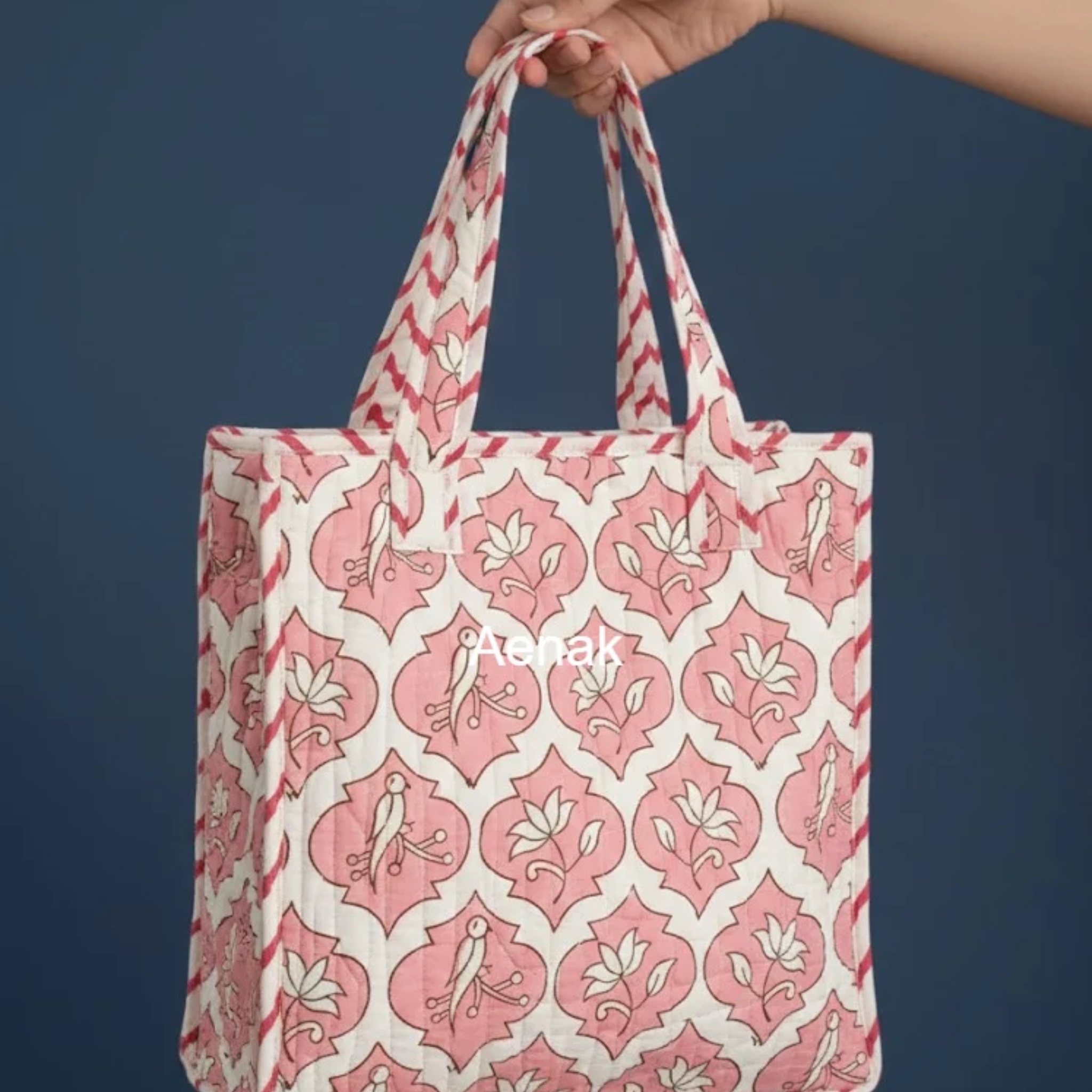 Pink Parrot Boota Handblock Lunch Bag by Aenak Studios | Tooffi