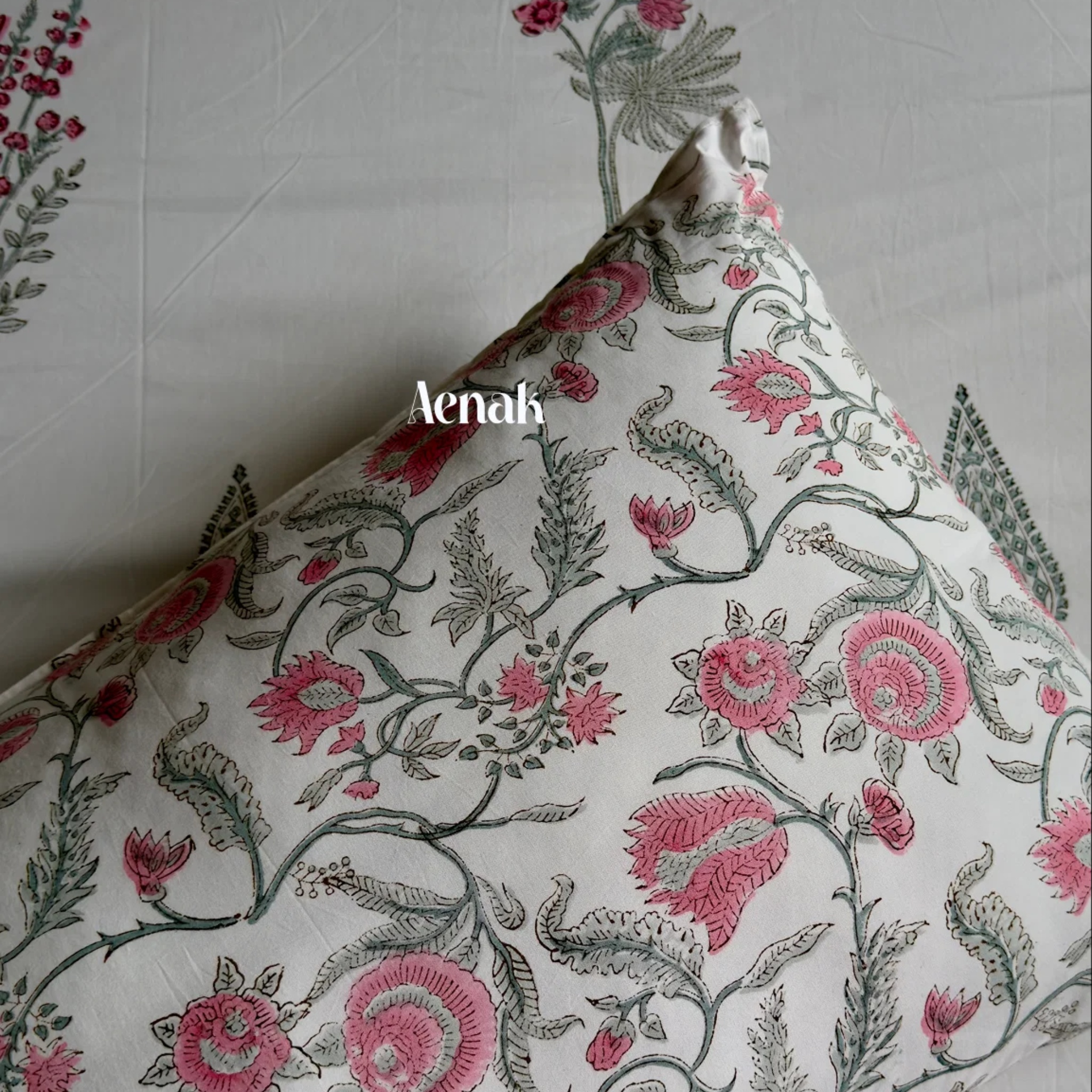 Green Ashoka Handblock Premium Cotton Bedsheet Set by Aenak Studios | Tooffi