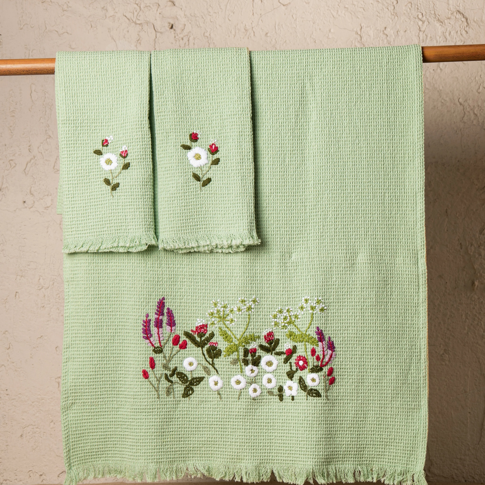 Spark & Smile Tulip Waffle Embroidered Towel Set Gift Set (Swamp Green) by Ammorada | Tooffi
