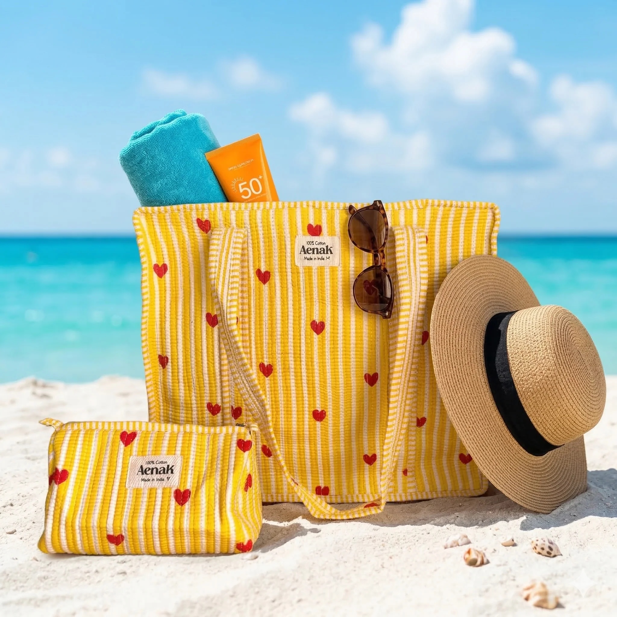 Yellow Little Heart Quilted Cotton Travel Bag + Vanity Pouch by Aenak Studios | Tooffi