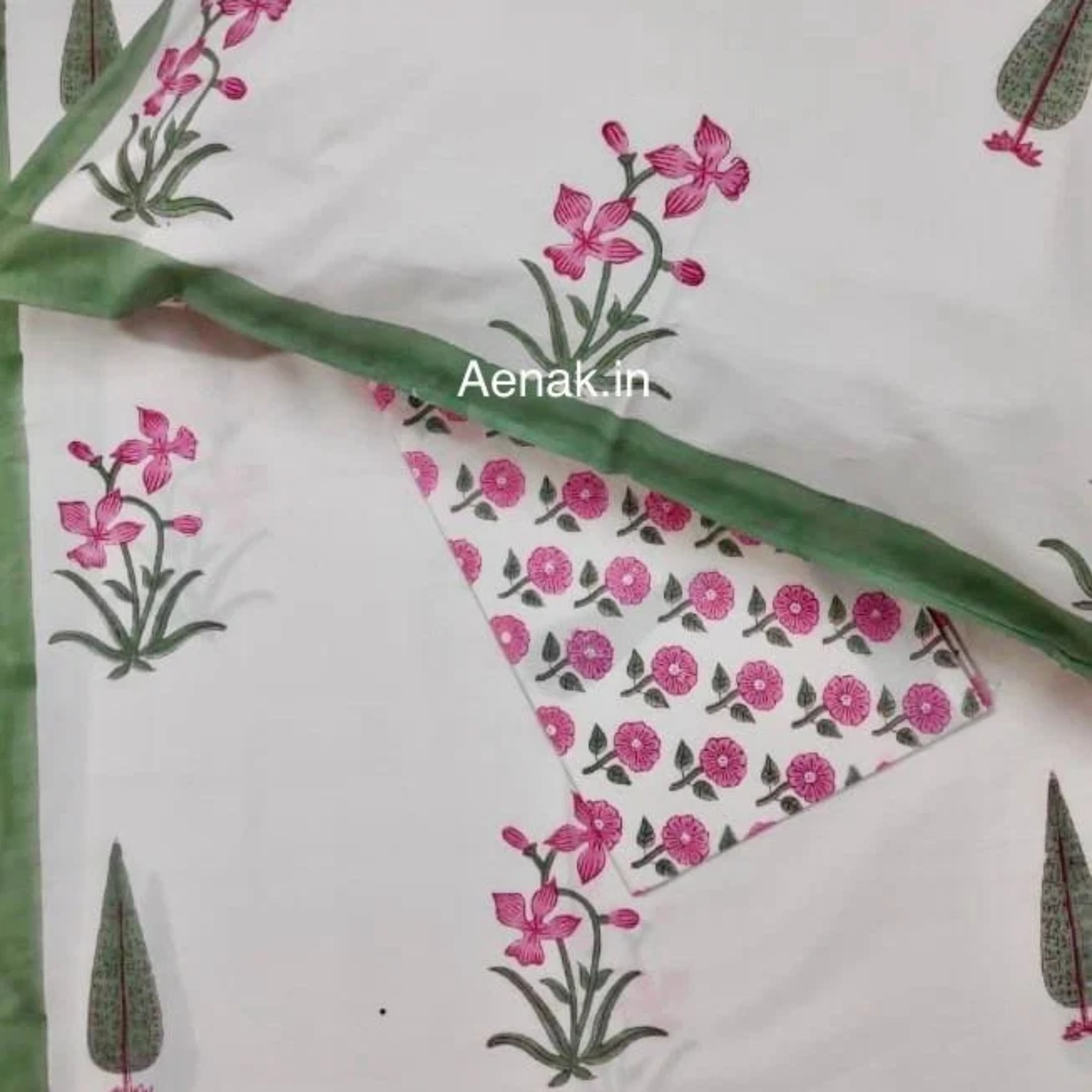 Pink Madhumati Handblock Bedsheet + Quilted Bedcover Combo Set by Aenak Studios | Tooffi