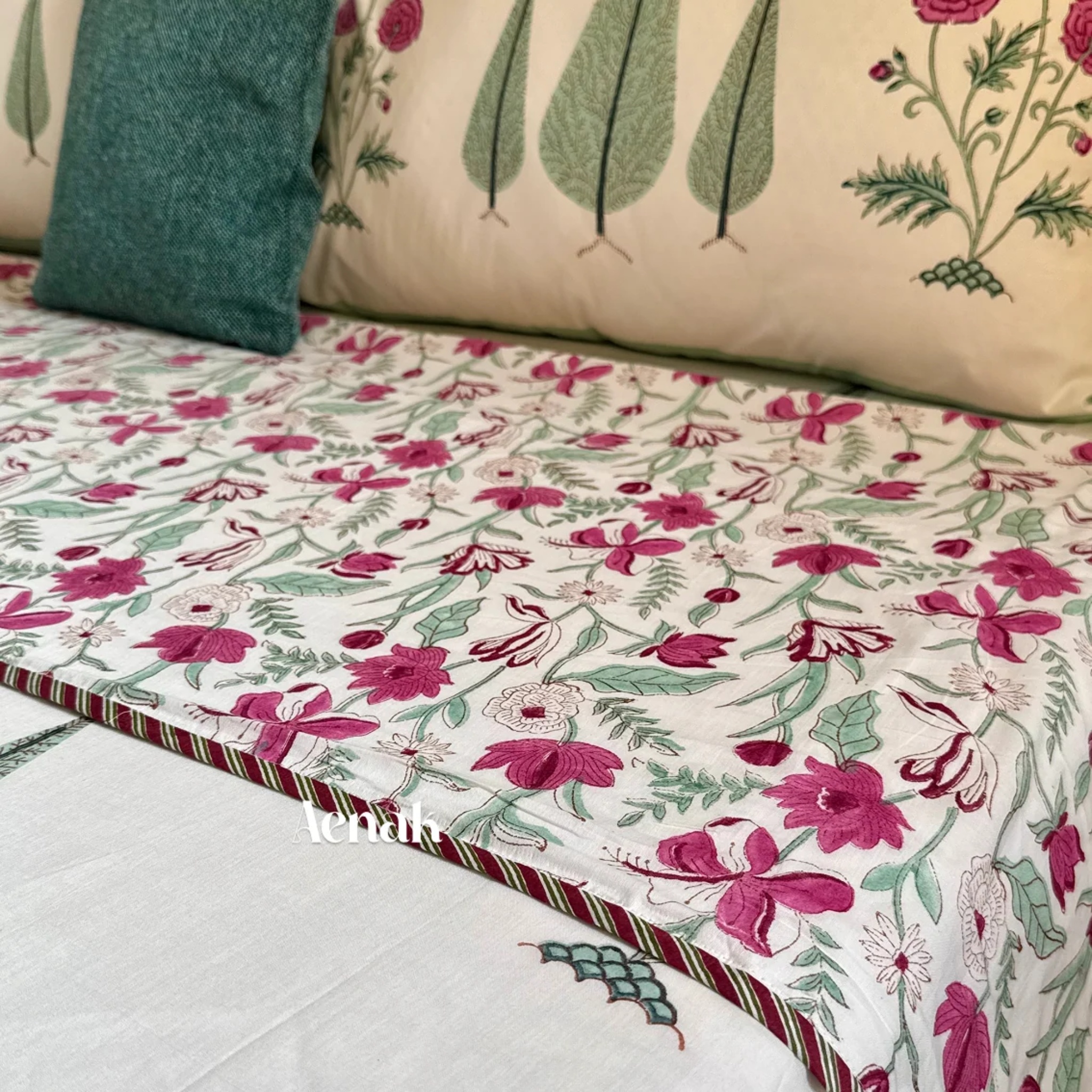 Magenta Floral Garden Handblock Mulmul Cotton Reversible Dohar (Ivory Base) by Aenak Studios | Tooffi