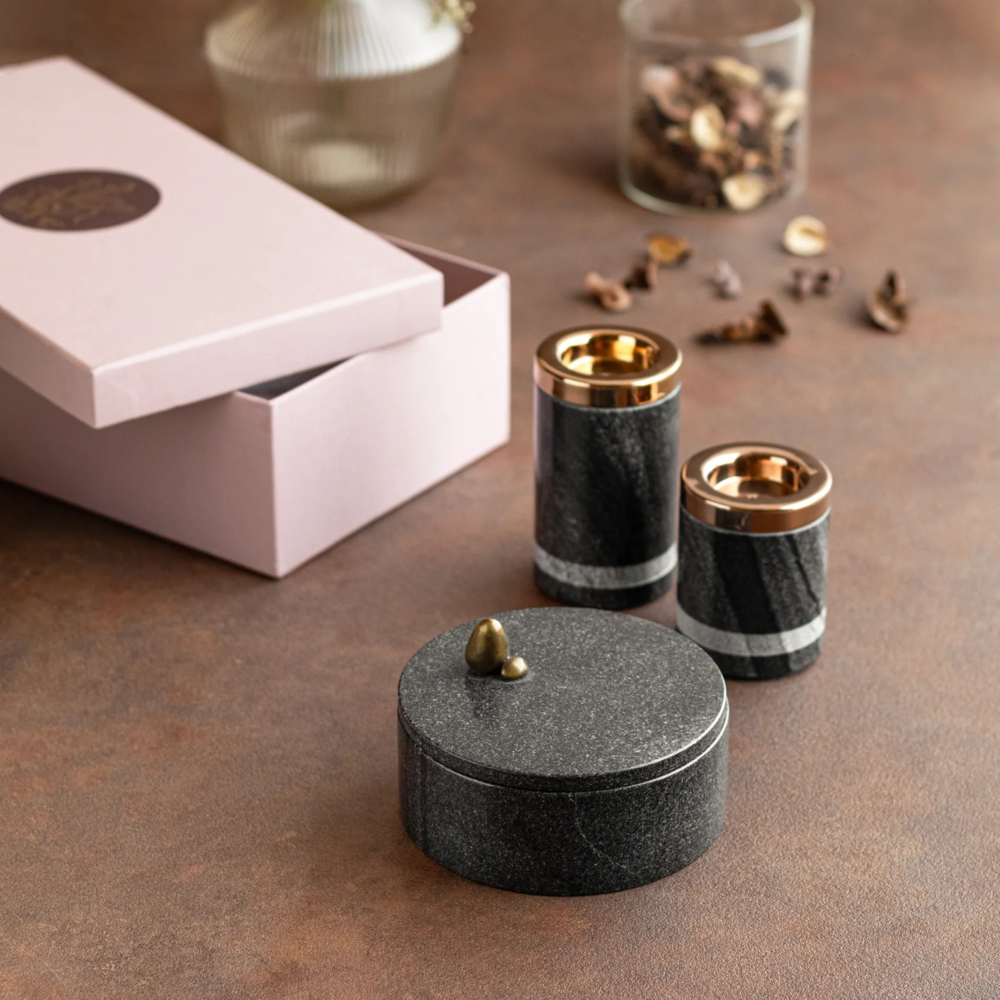 Yin Tealight Tower + Pebble Black Gift Box by Saswata | Tooffi
