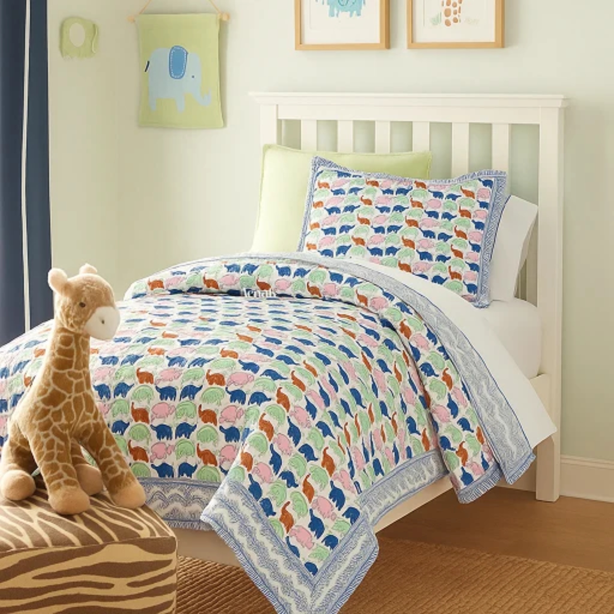 Blue Pink Elephants Handblock Reversible Mulmul Cotton Kids Blanket Set by Aenak Studios | Tooffi